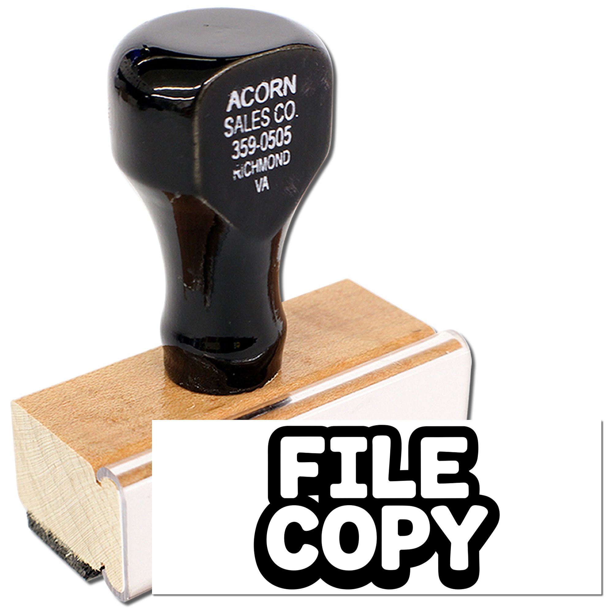 Custom file copy rubber stamp with wooden handle for office document marking and record management.