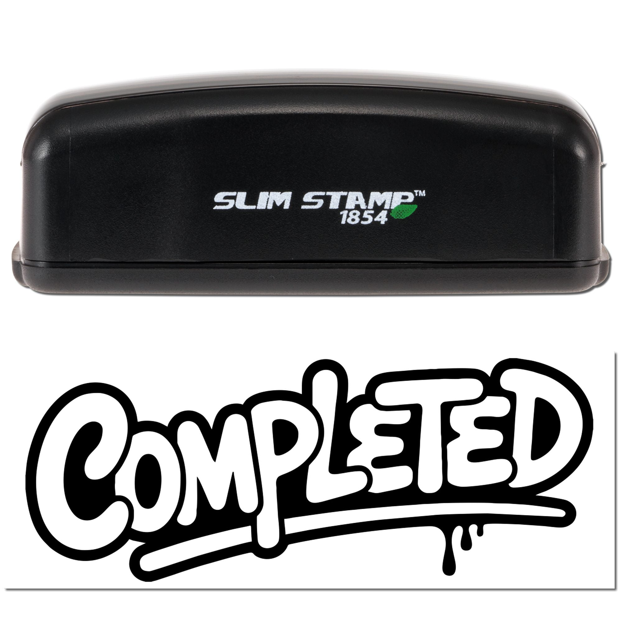Slim Stamp 1854 self-inking rubber stamp with bold Completed imprint for office paperwork and document approval.