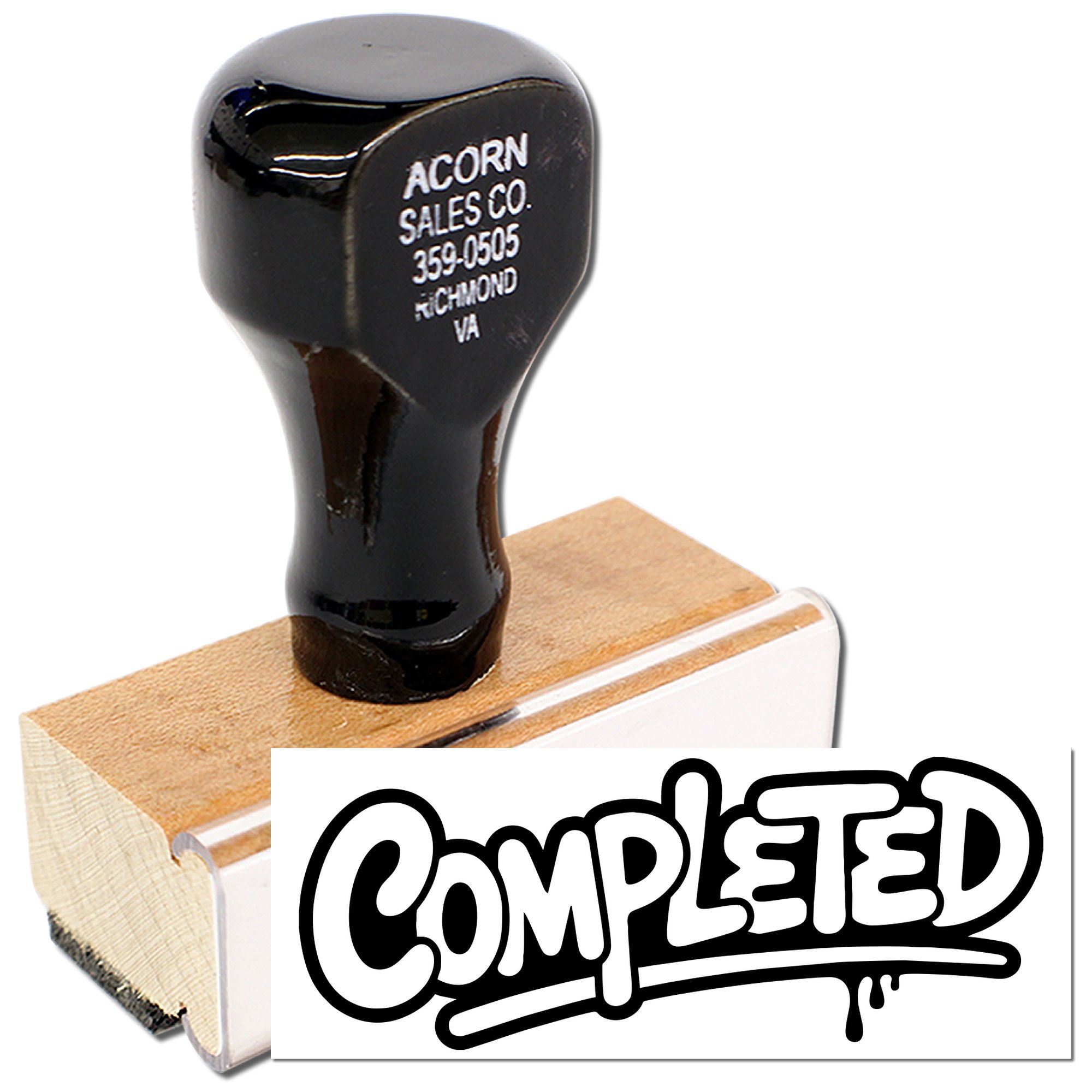 Wooden rubber stamp showing a bold COMPETED imprint, ideal for office workflow and shipping approvals.