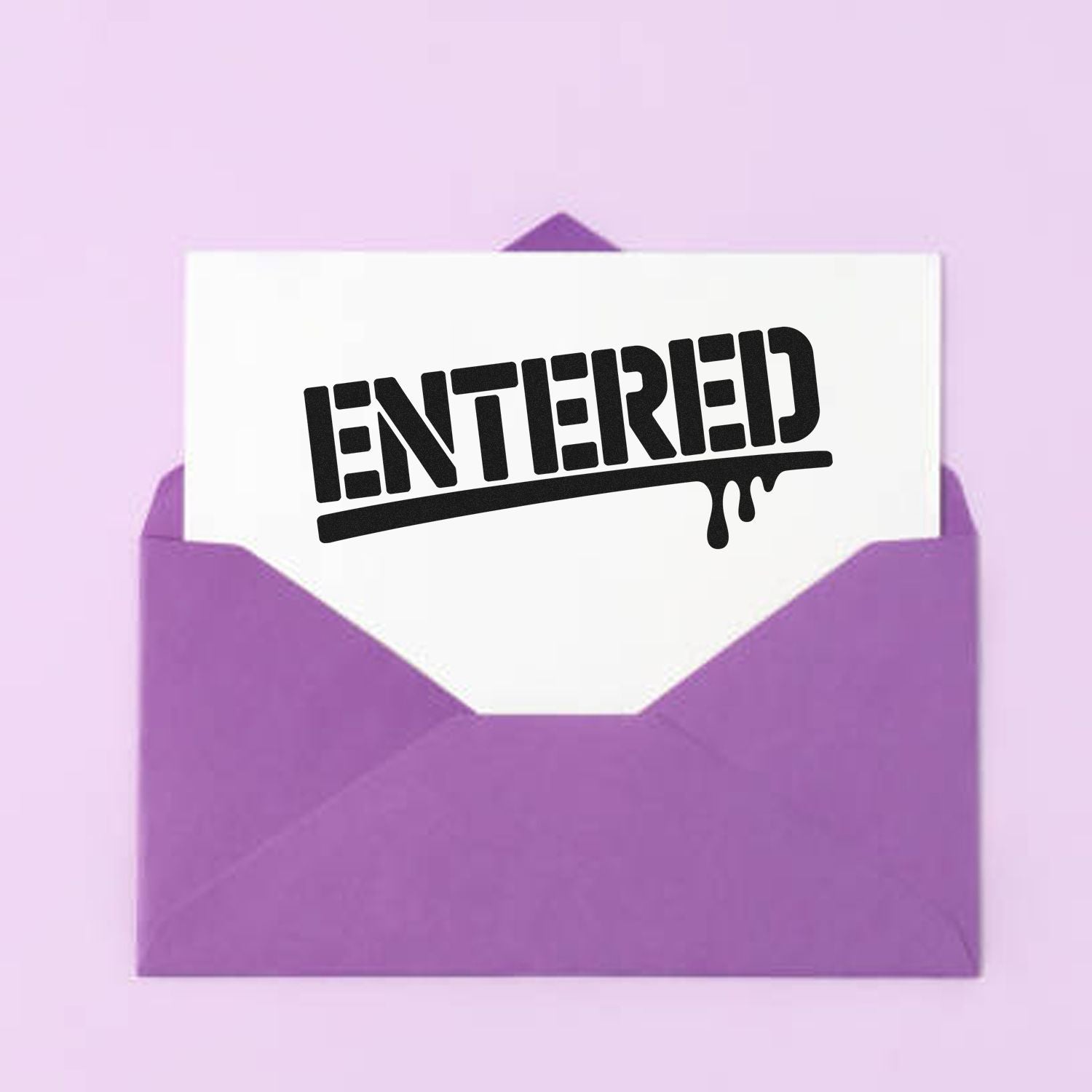 Entered rubber stamp design on a card in a purple envelope, ideal for office mail, forms, and document processing.
