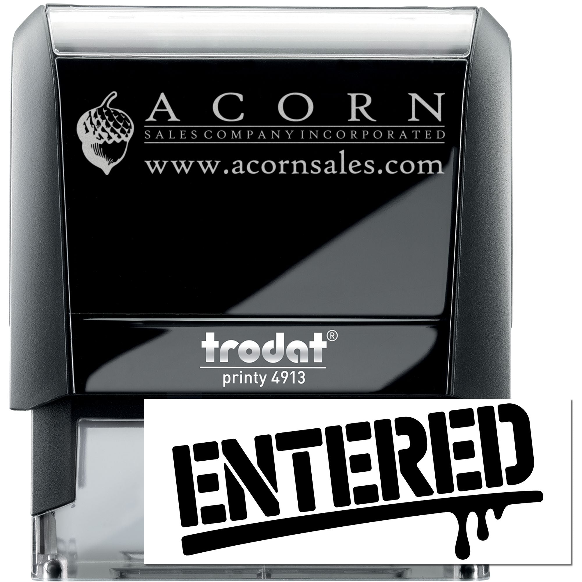 Custom self-inking rubber stamp for business use, Trodat Printy 4913, showing Acorn Sales logo and ENTERED imprint.