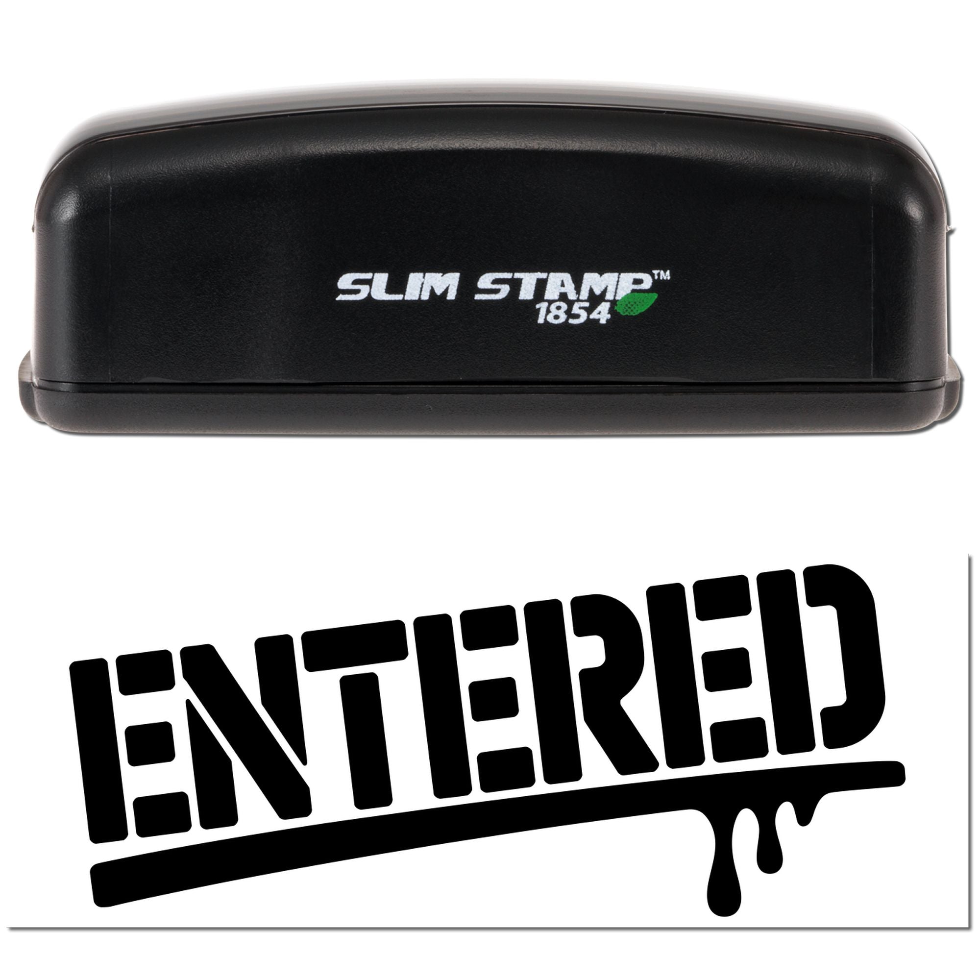 Slim Stamp 1854 self-inking rubber stamp with ENTERED imprint for office document processing and recordkeeping.