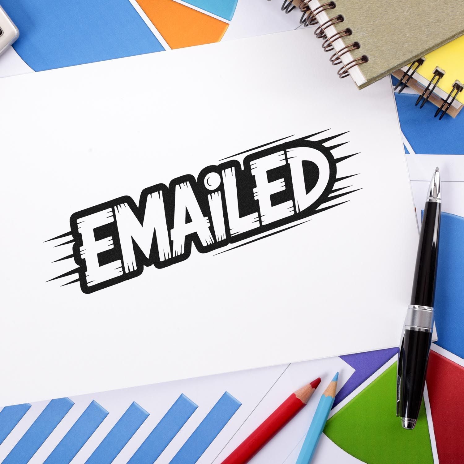 Emailed rubber stamp for marking sent correspondence on office paperwork, with stationery background.