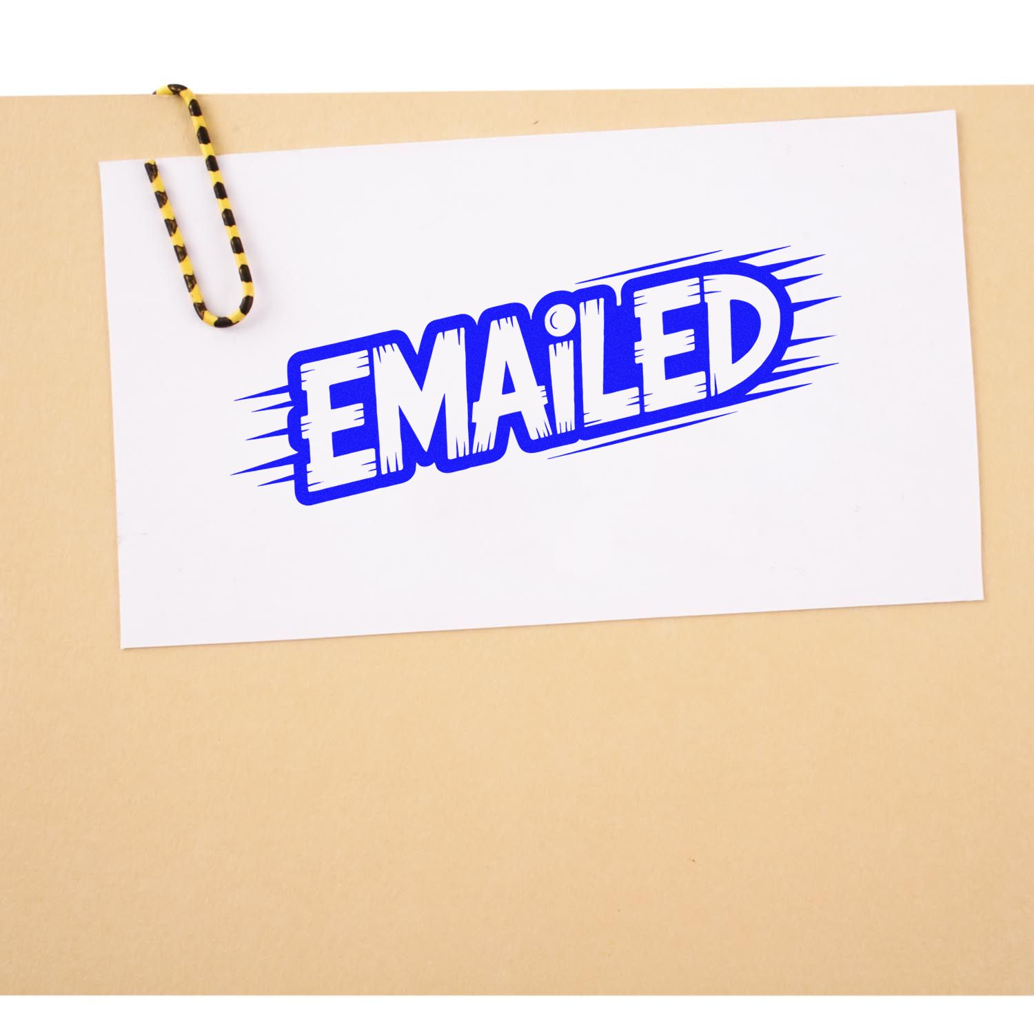 Blue EMAILED rubber stamp on paper, ideal for office document status marking, mail processing, and workflow tracking.