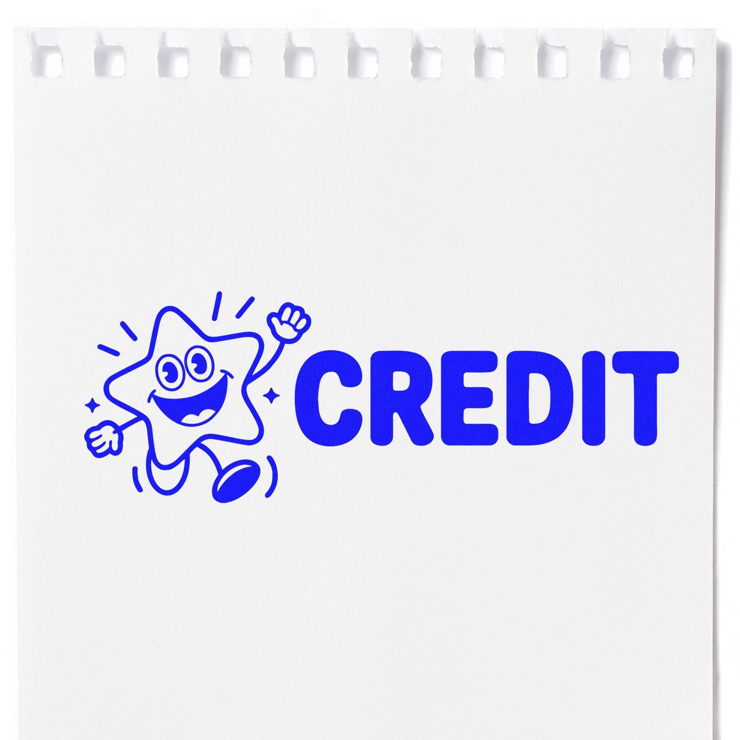 Blue CREDIT rubber stamp design with smiling star mascot for marking approved payments, invoices, and accounting documents.