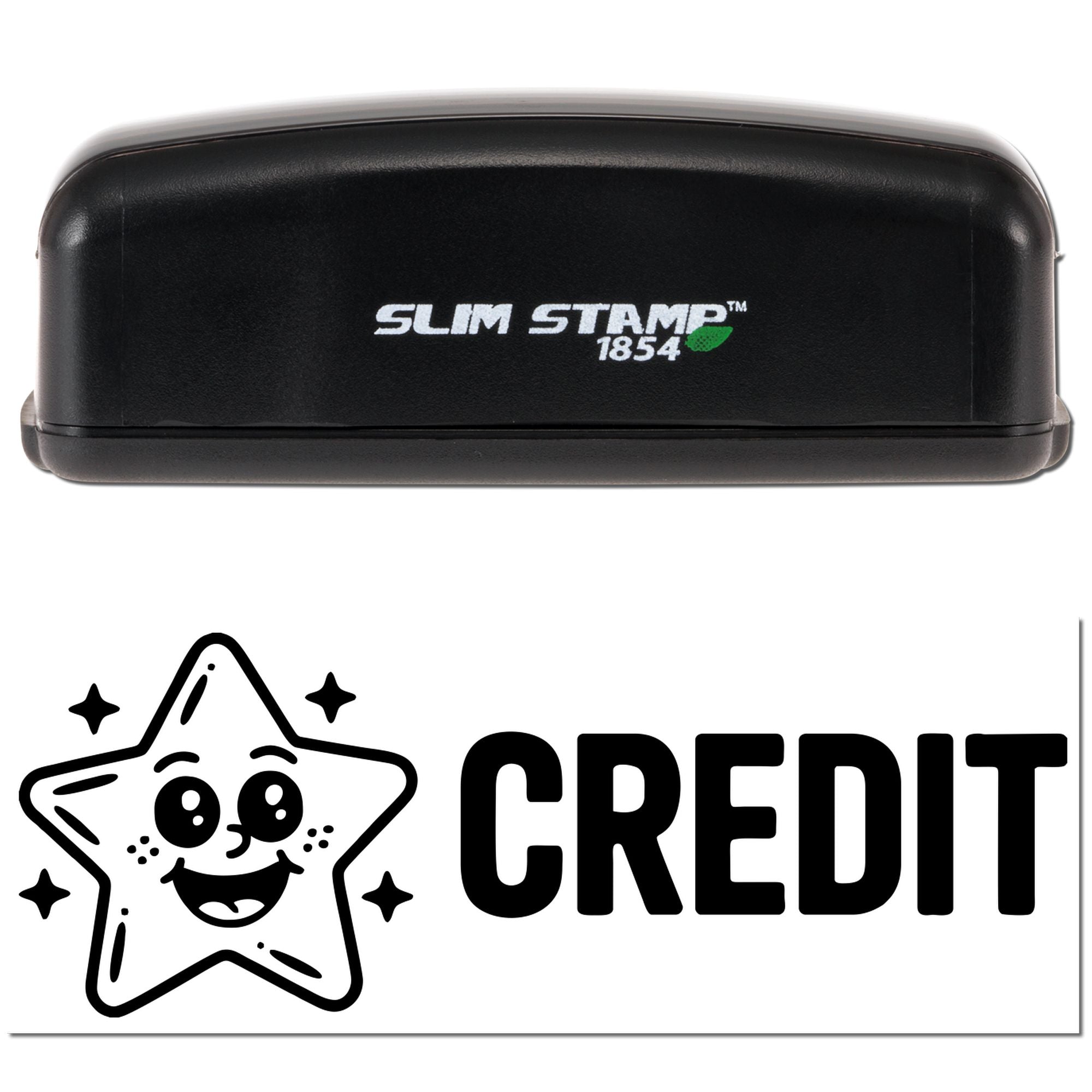 Slim Stamp 1854 self-inking rubber stamp with custom CREDIT design and smiling star logo for business marking.