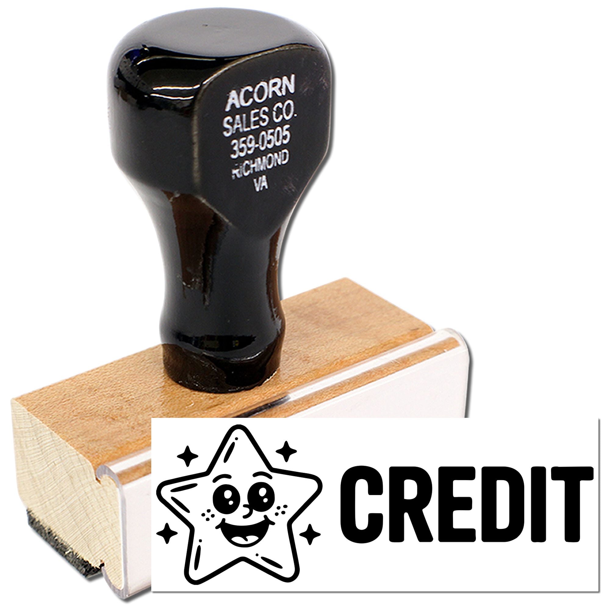 Custom credit rubber stamp with wood handle and star logo for business forms, receipts, and office use.