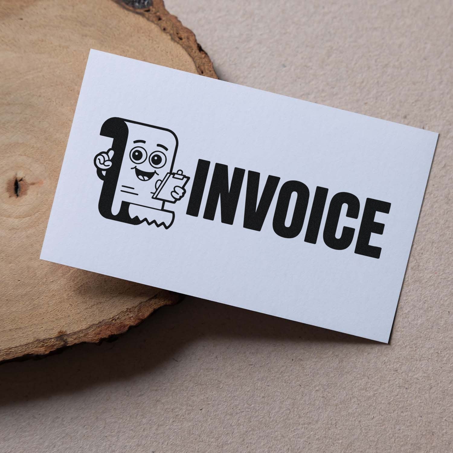 Invoice rubber stamp design for business billing, accounting, and office paperwork on a white card.