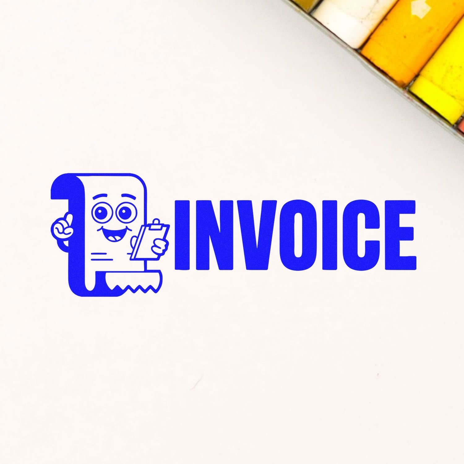 Blue invoice rubber stamp graphic on paper, used to mark billing documents and accounting forms.