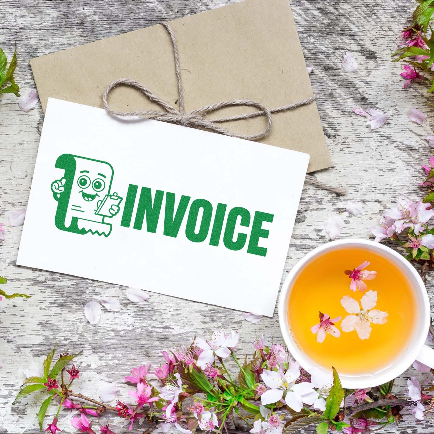 Green invoice rubber stamp on cardstock with kraft envelope, styled flat lay for small business billing and packaging.