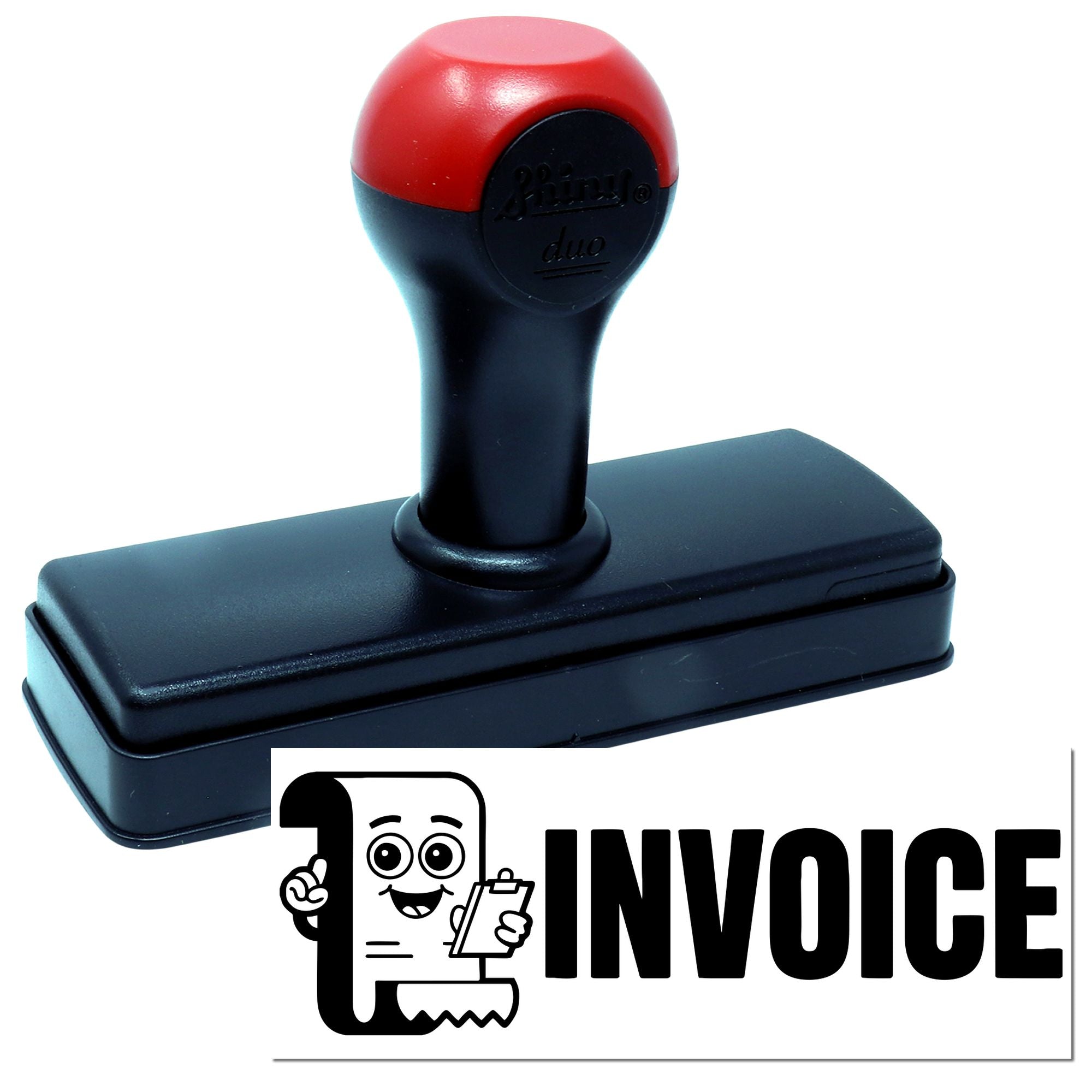 Self-inking invoice rubber stamp for quickly marking billing and accounting documents.