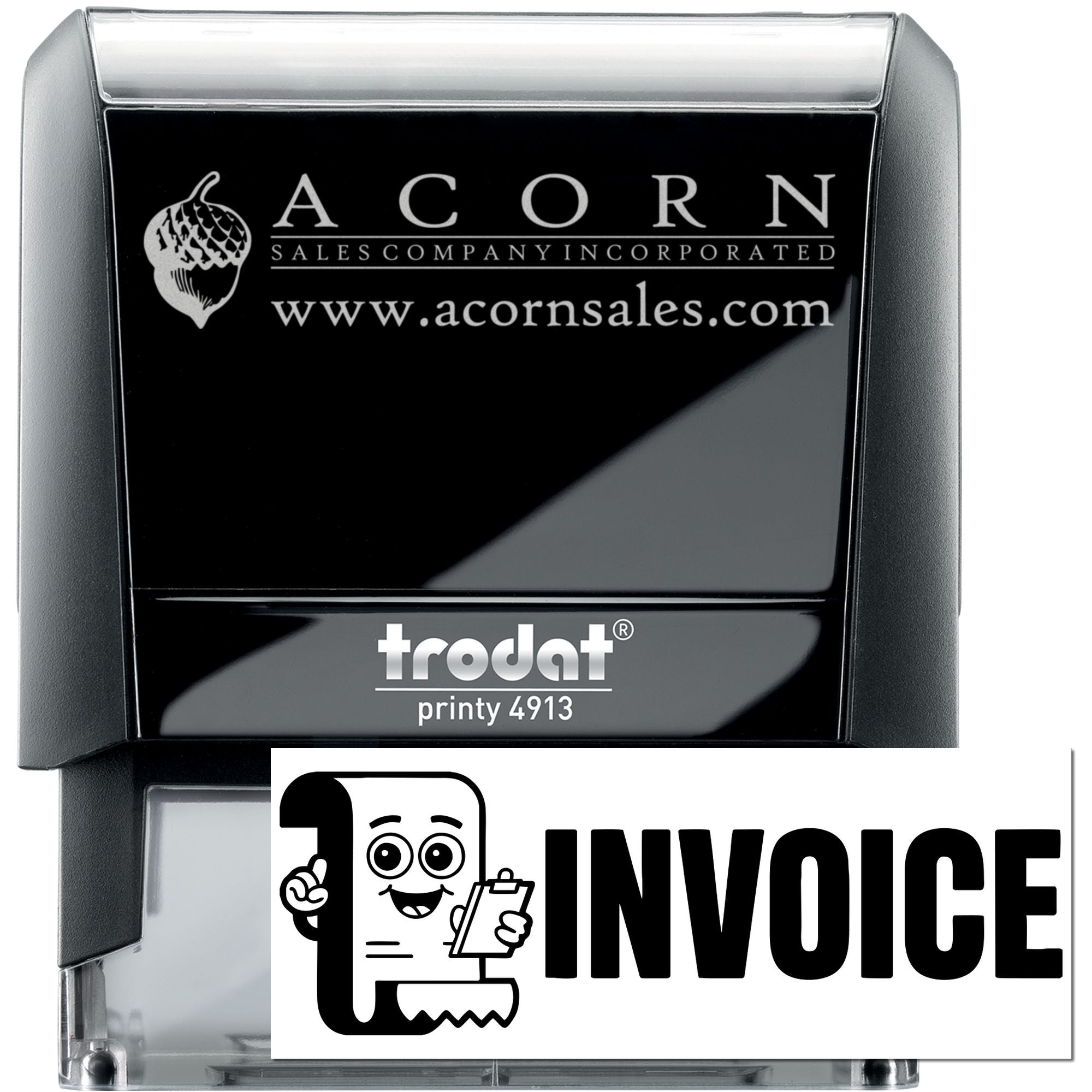 Custom self-inking rubber stamp, Trodat Printy 4913, with company logo and invoice imprint for business paperwork.
