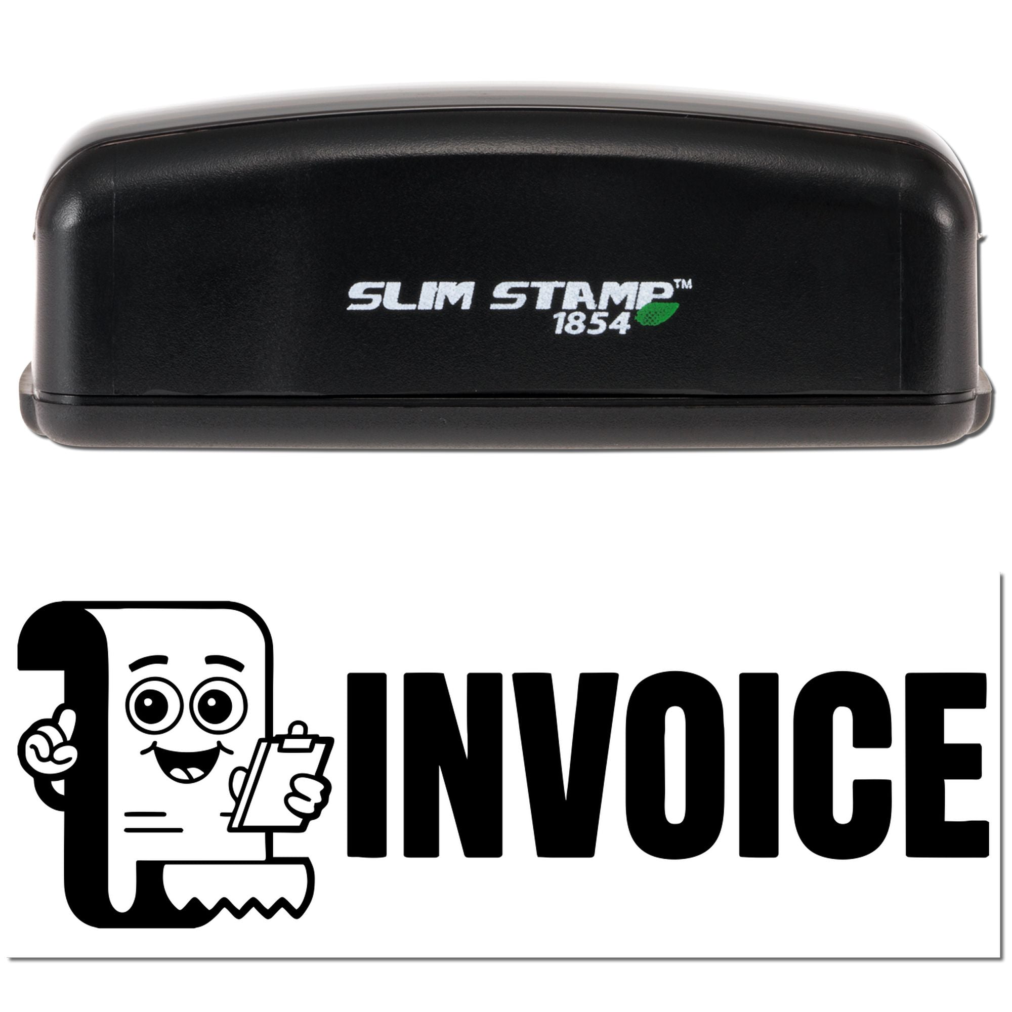 Slim Stamp 1854 rubber stamp with invoice imprint, ideal for marking business invoices and office paperwork.