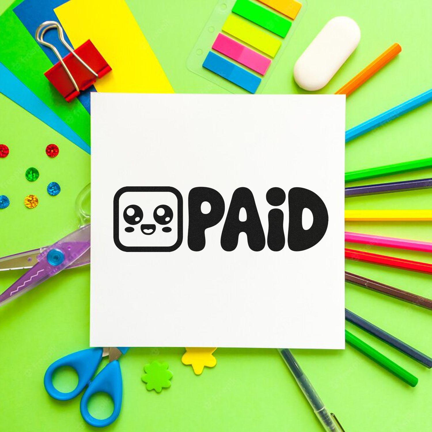 PAID rubber stamp imprint for accounting and office use, shown on paper with colorful stationery background.