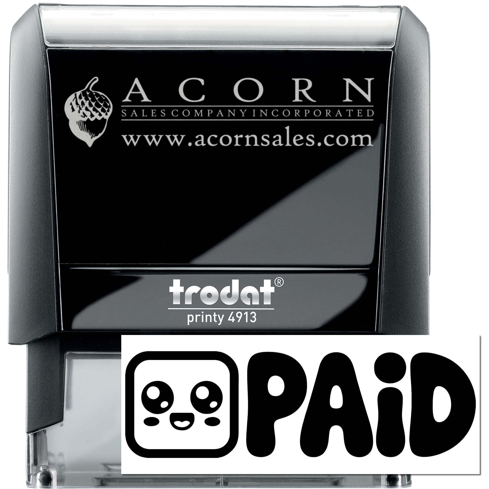 Custom self-inking Trodat Printy 4913 rubber stamp with Acorn Sales Company logo and PAID imprint.