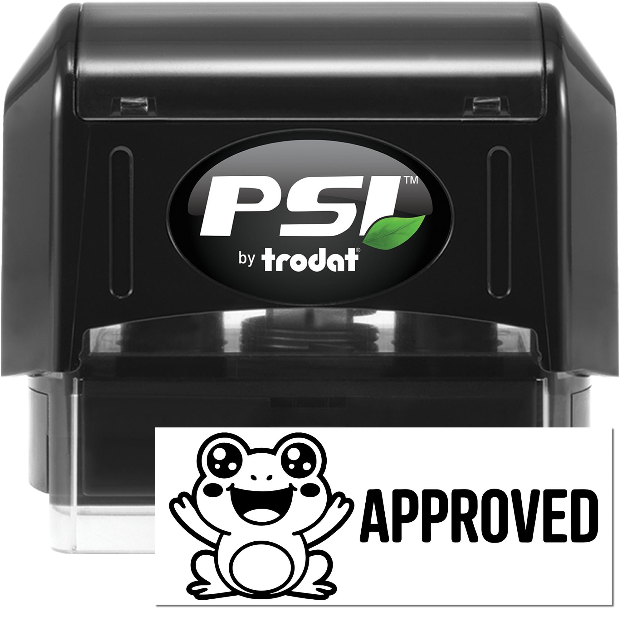 PSI by Trodat self-inking rubber stamp with approved frog design for office document marking.