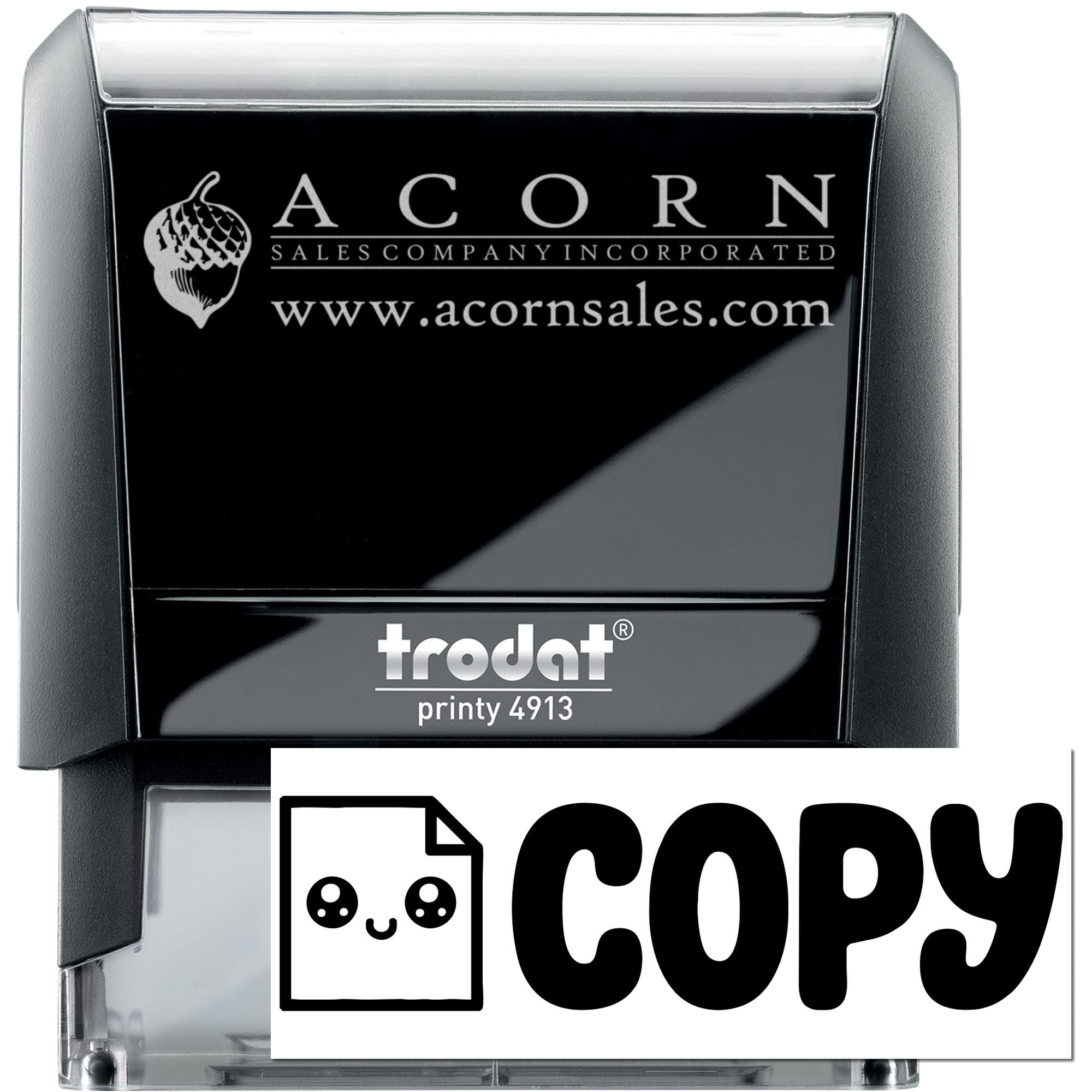 Self-inking custom rubber stamp, Trodat Printy 4913, featuring Acorn Sales Company logo, website, and COPY mark.