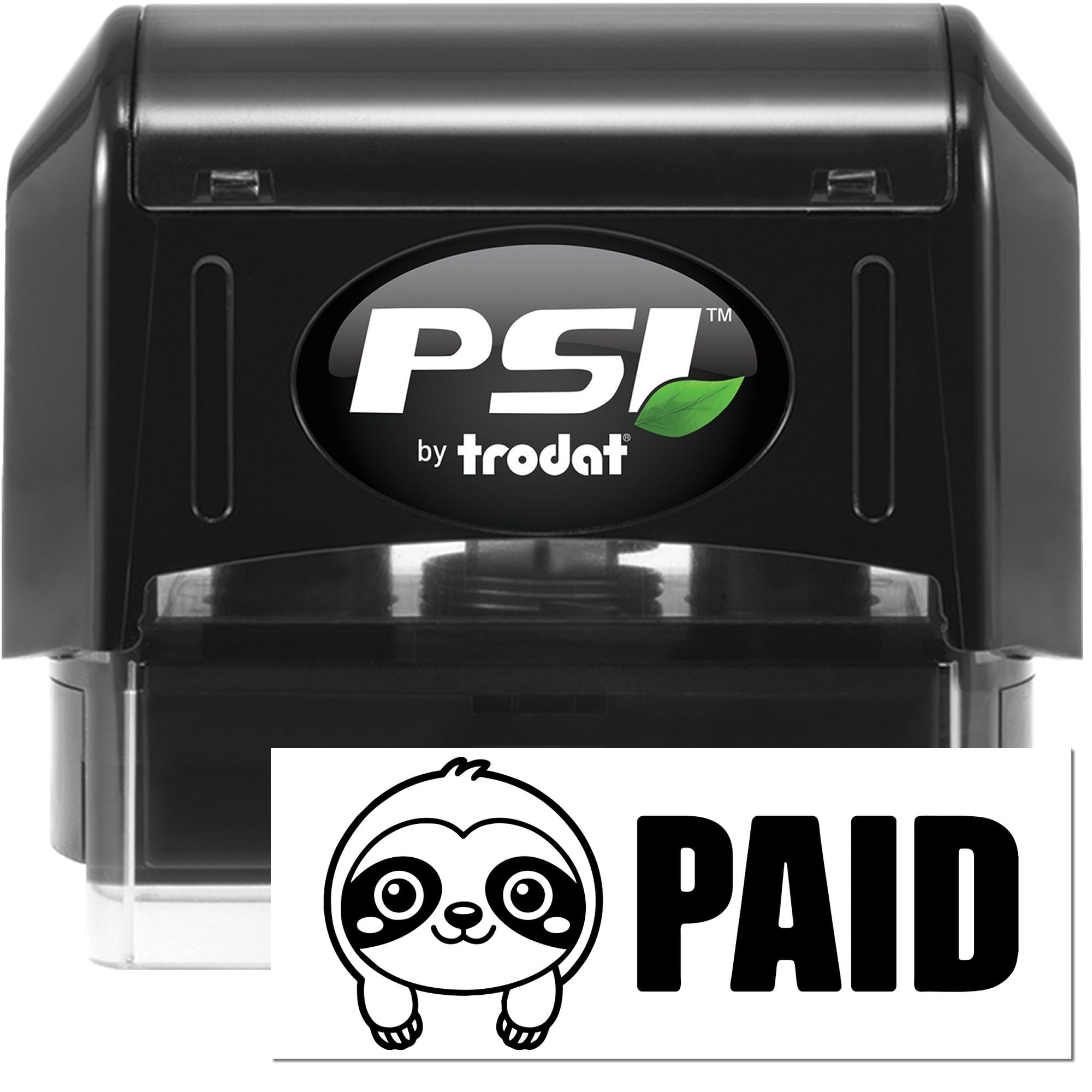 PSI by Trodat self-inking rubber stamp with custom PAID imprint and panda logo for business payment tracking.