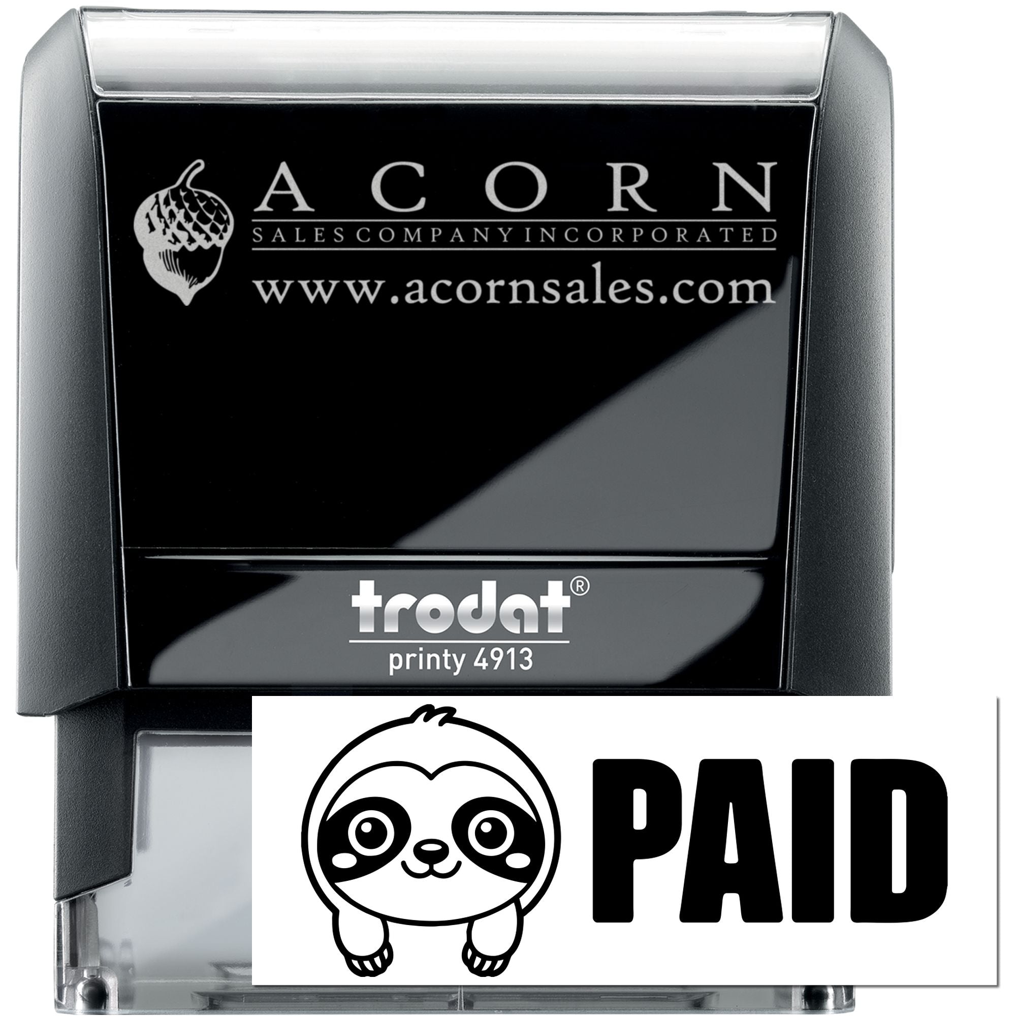 Custom self-inking rubber stamp with Acorn Sales logo and PAID panda design, Trodat Printy 4913.