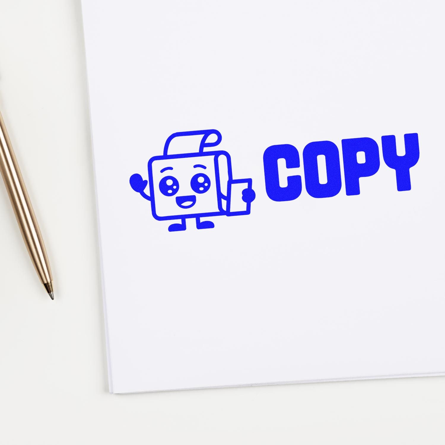 Blue copy rubber stamp design with cute copy machine icon for office paperwork, forms, and document labeling.