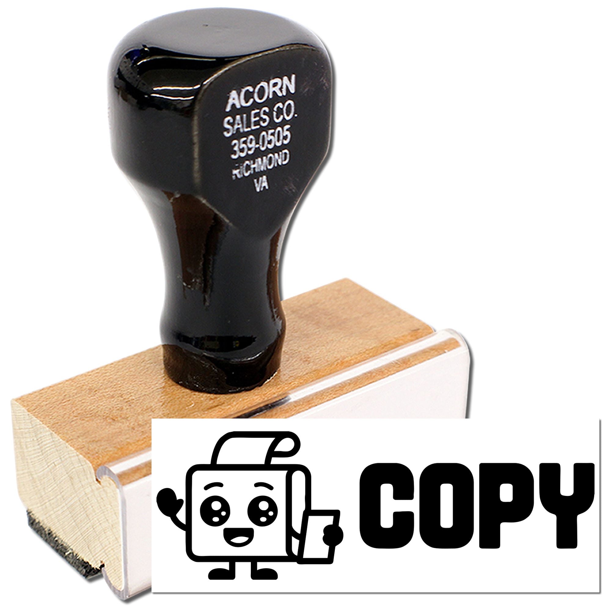 Custom COPY rubber stamp for office paperwork and duplicate documents, shown with bold imprint and handle.