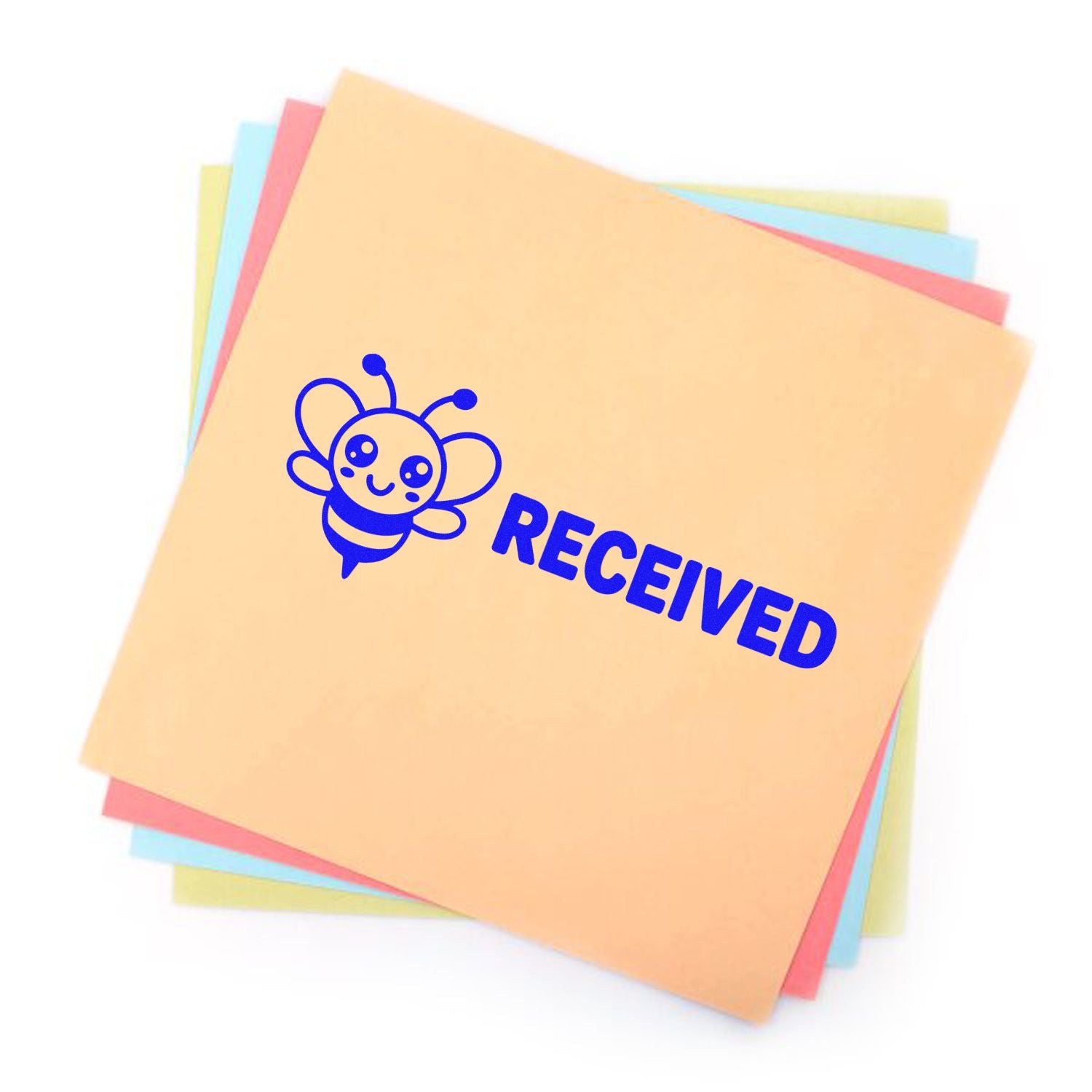 Received rubber stamp on pastel sticky notes for office paperwork and mail processing, with cute bee icon