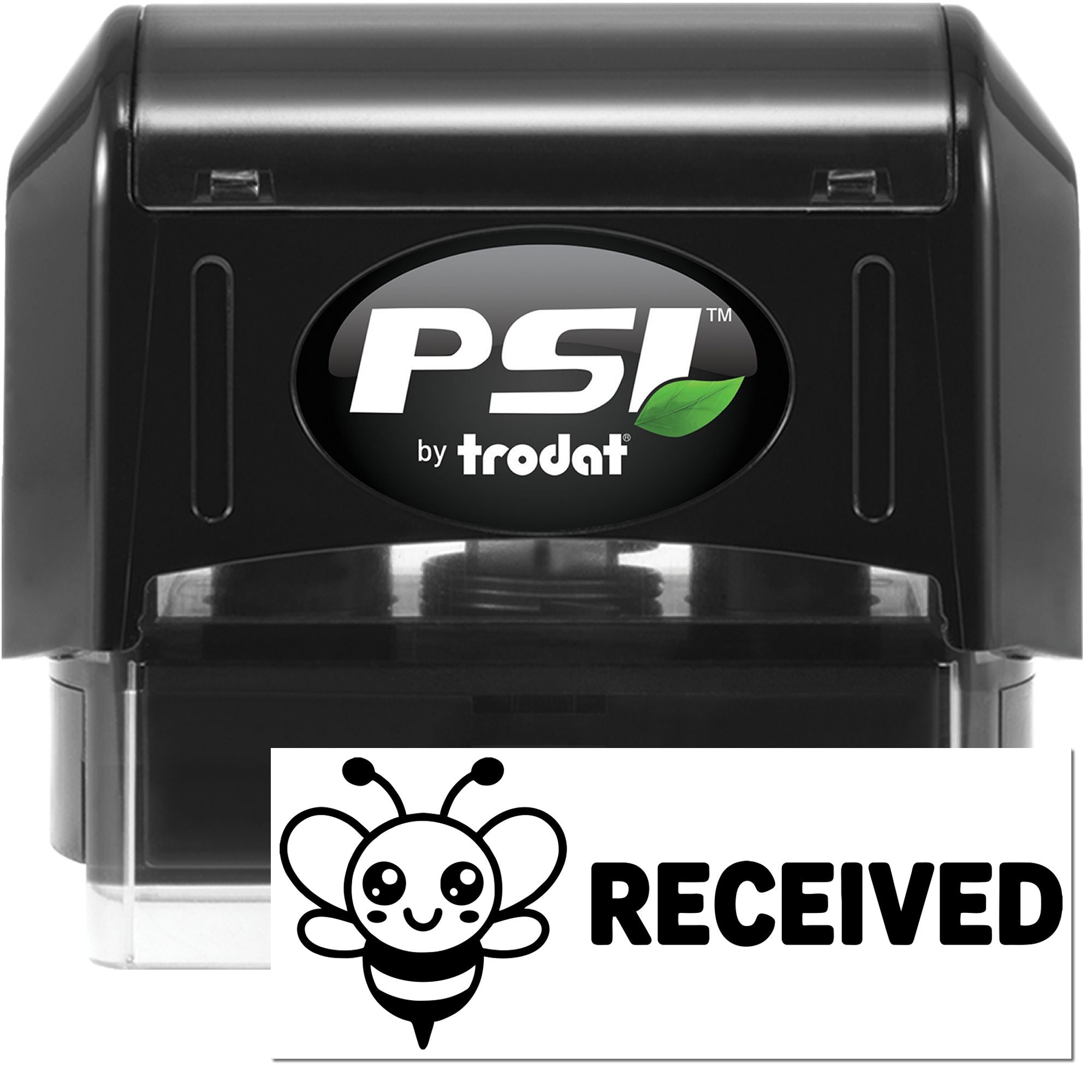 PSI by Trodat self-inking rubber stamp with Received imprint and bee icon for office mail and document processing.