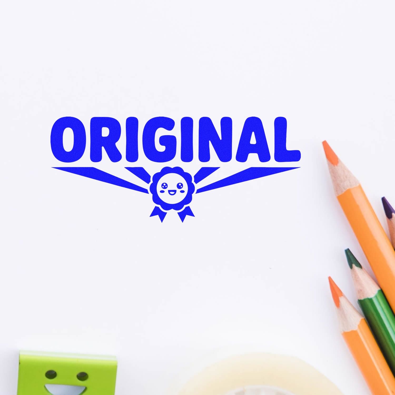 Original custom rubber stamp impression in blue, with playful badge icon, for school supplies, crafts, or creative branding.