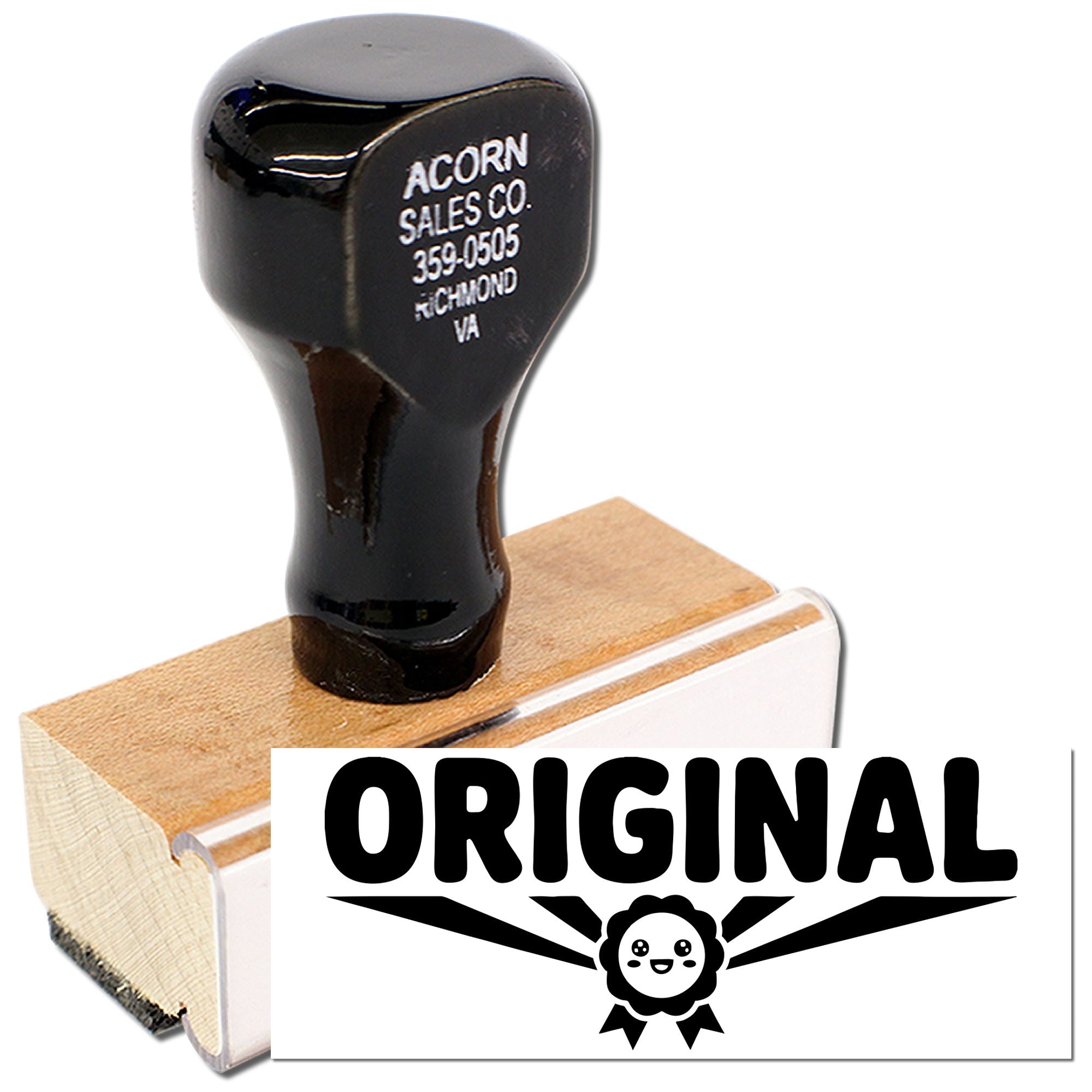 Original custom rubber stamp with wood handle for branding, packaging, and business documents.