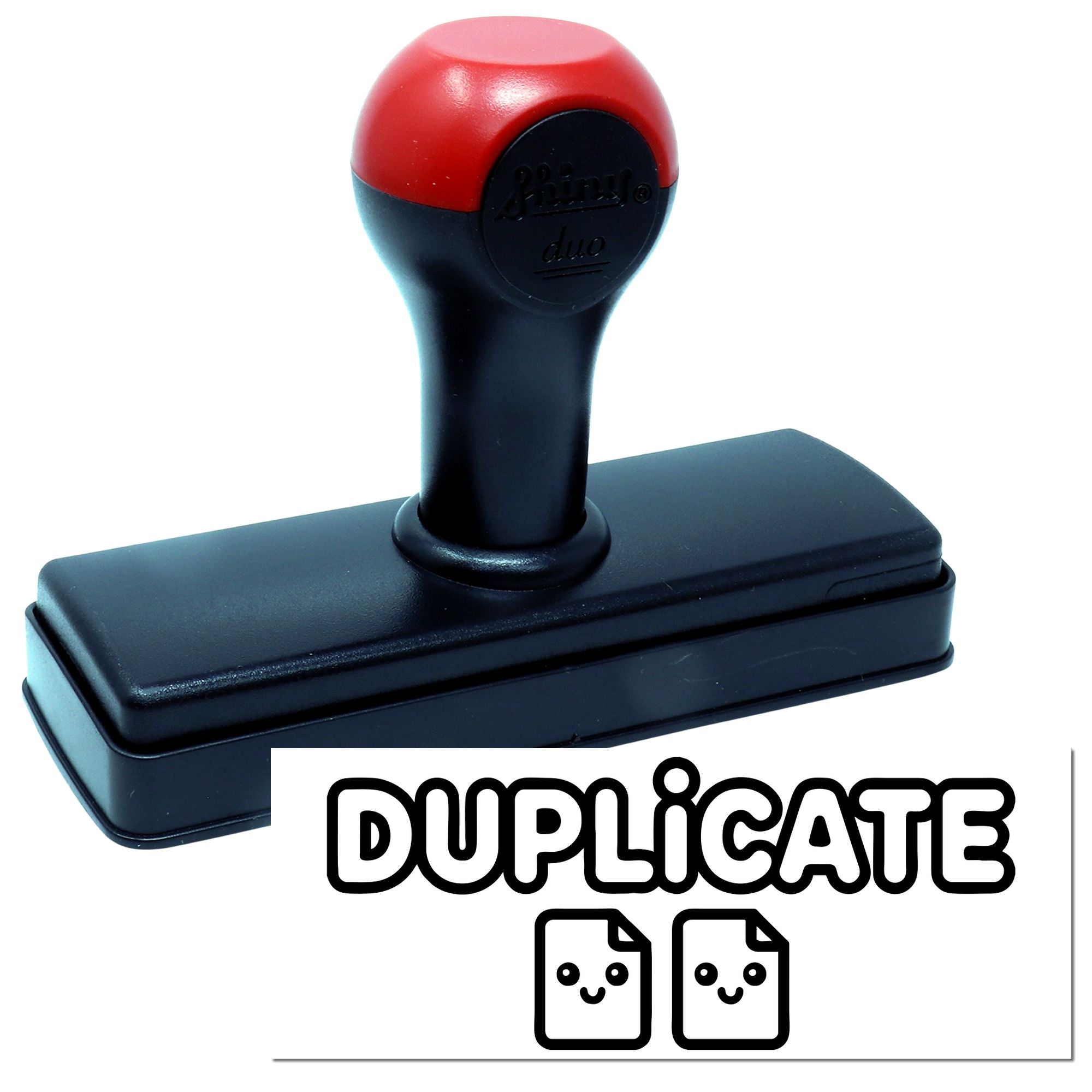 Duplicate self-inking rubber stamp with twin document icons, ideal for office paperwork and duplicate file marking.