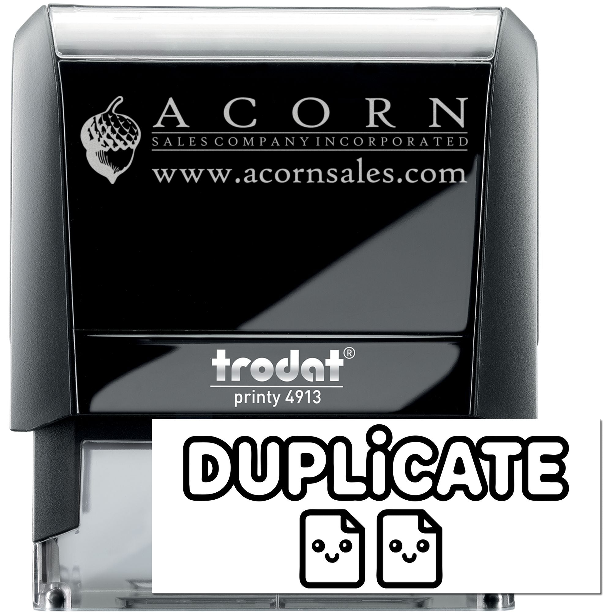 Custom self-inking rubber stamp Trodat Printy 4913 with Acorn Sales logo, website, and duplicate file icon.