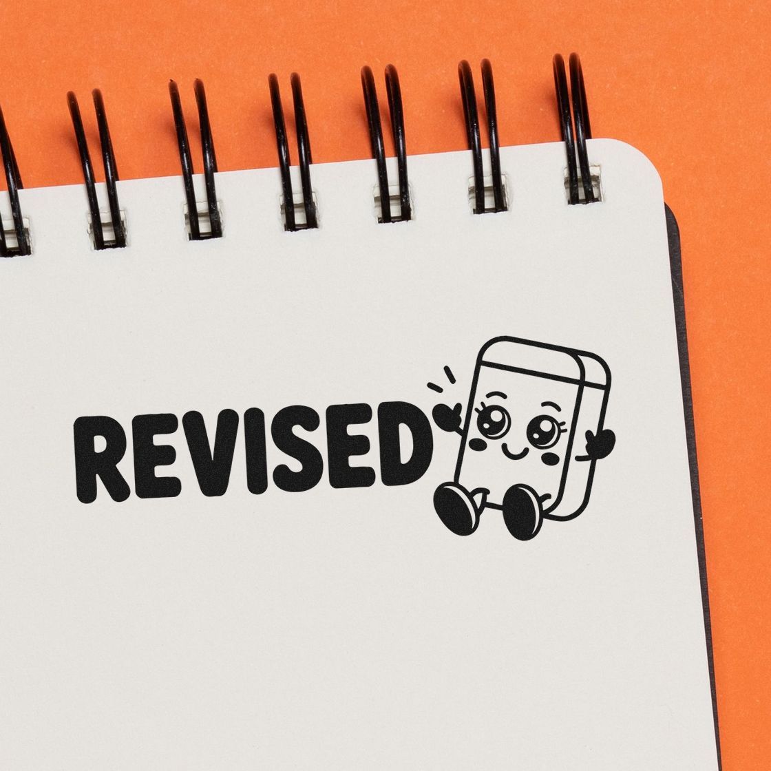 Revised rubber stamp with cute eraser design for planners, notebooks, and office documents.