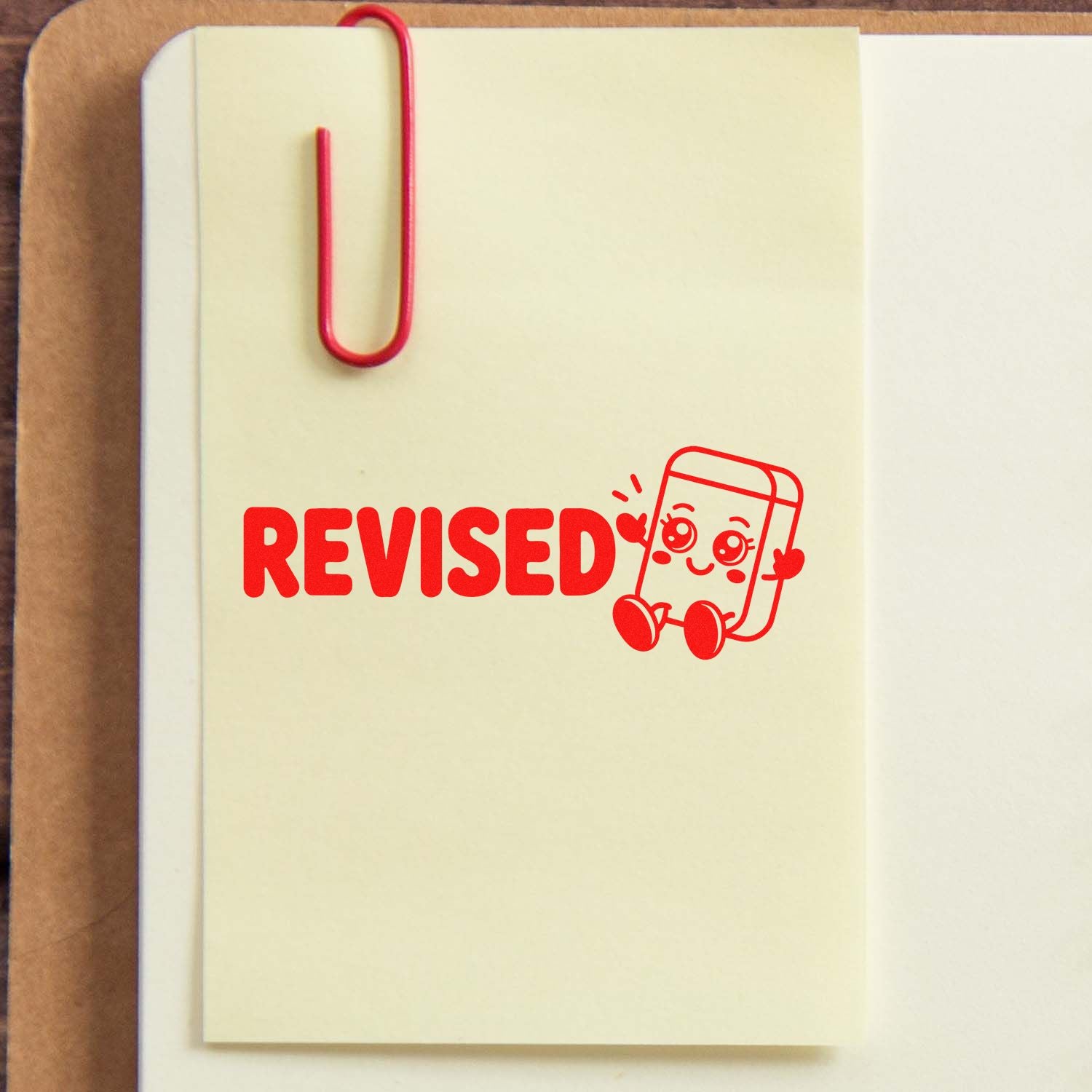 Red revised rubber stamp on notebook page, ideal for office document review and approval marking.