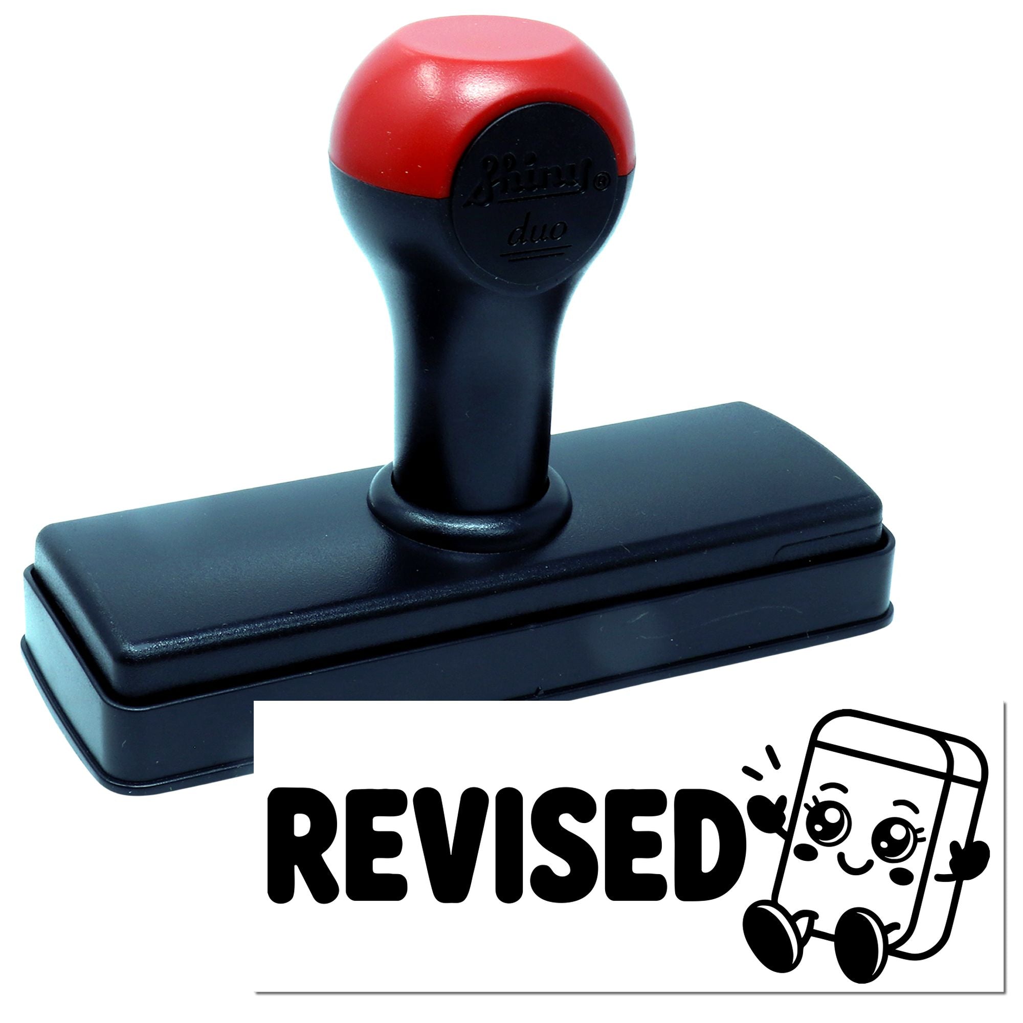 Self-inking rubber stamp with red handle and black base, featuring a revised document stamp graphic.