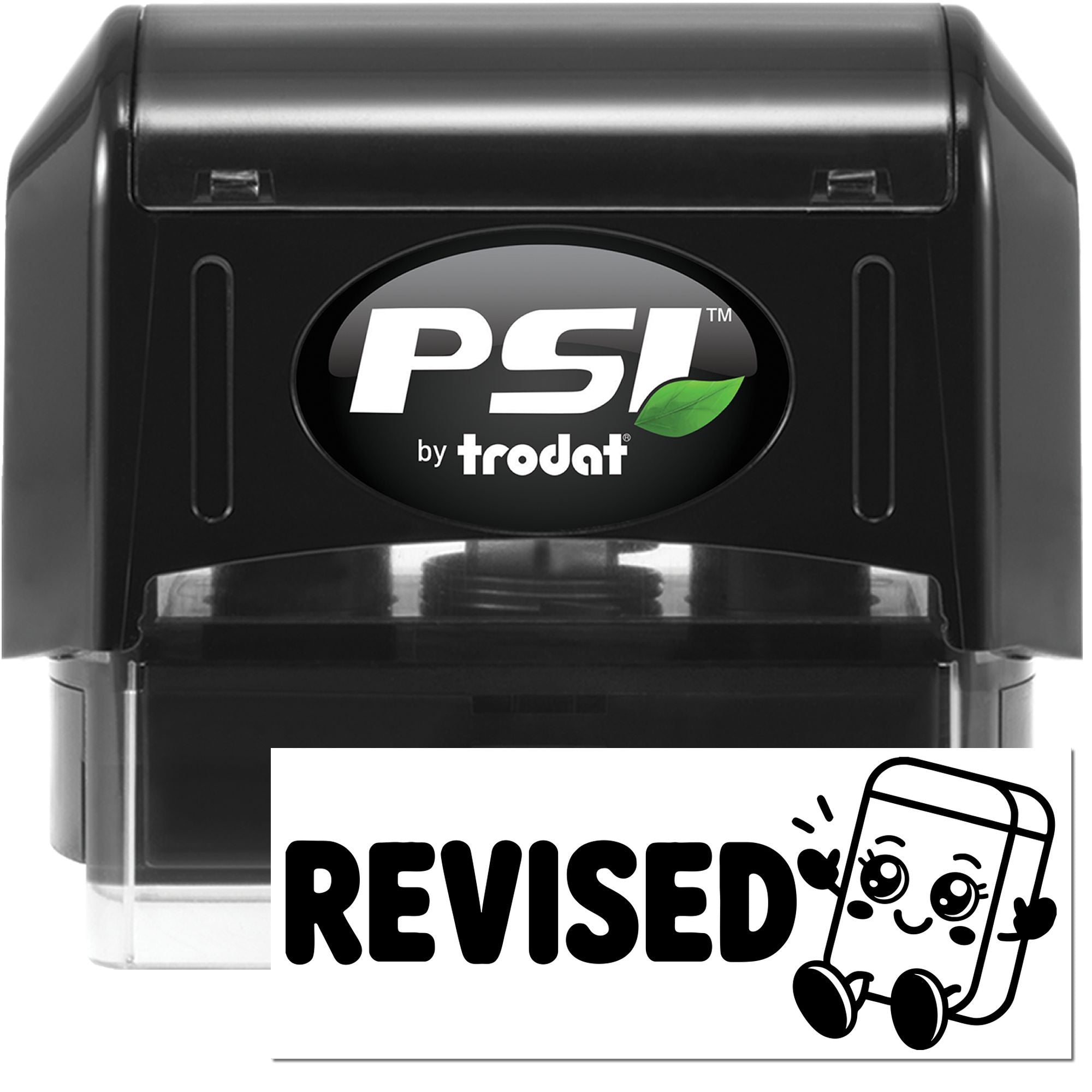 PSI by Trodat self-inking rubber stamp with revised imprint for office document updates and approval marking.