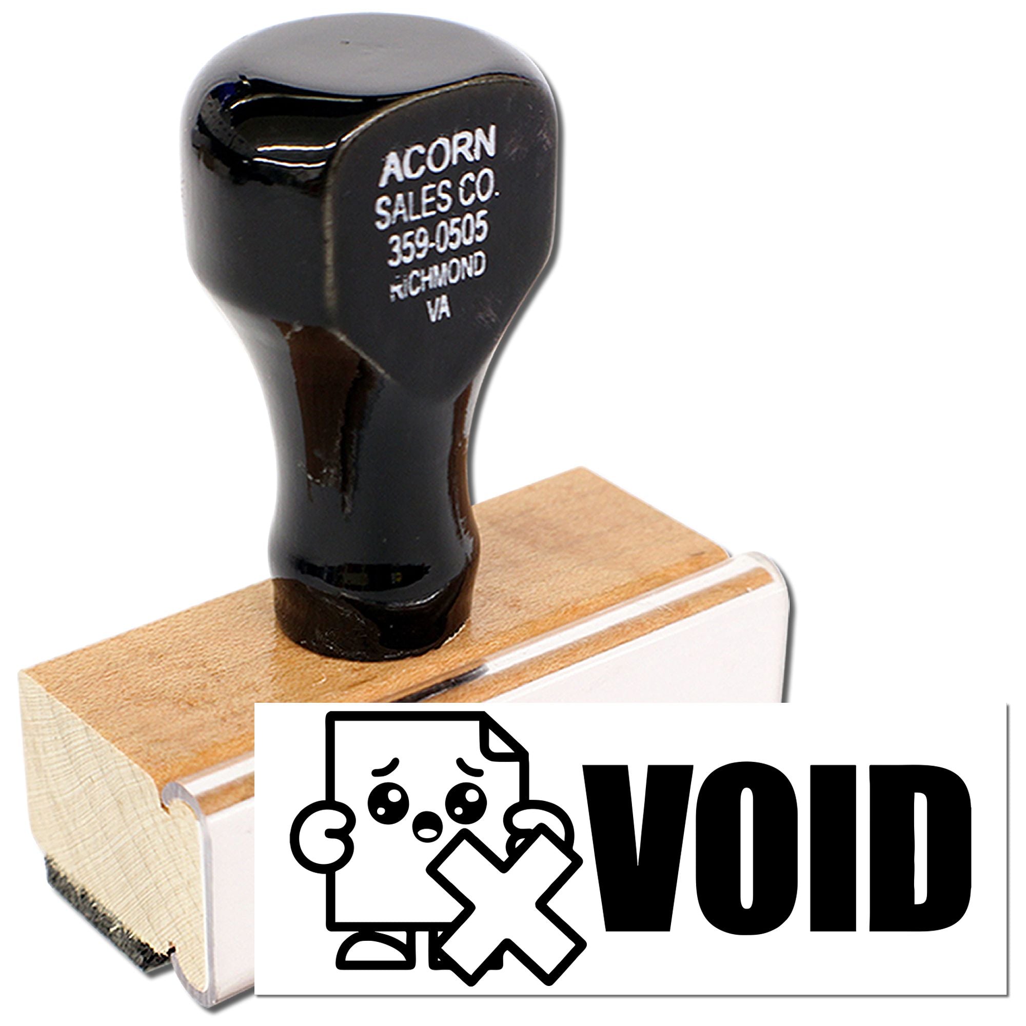 Custom VOID rubber stamp for marking business documents, shown with wooden handle and bold VOID imprint.