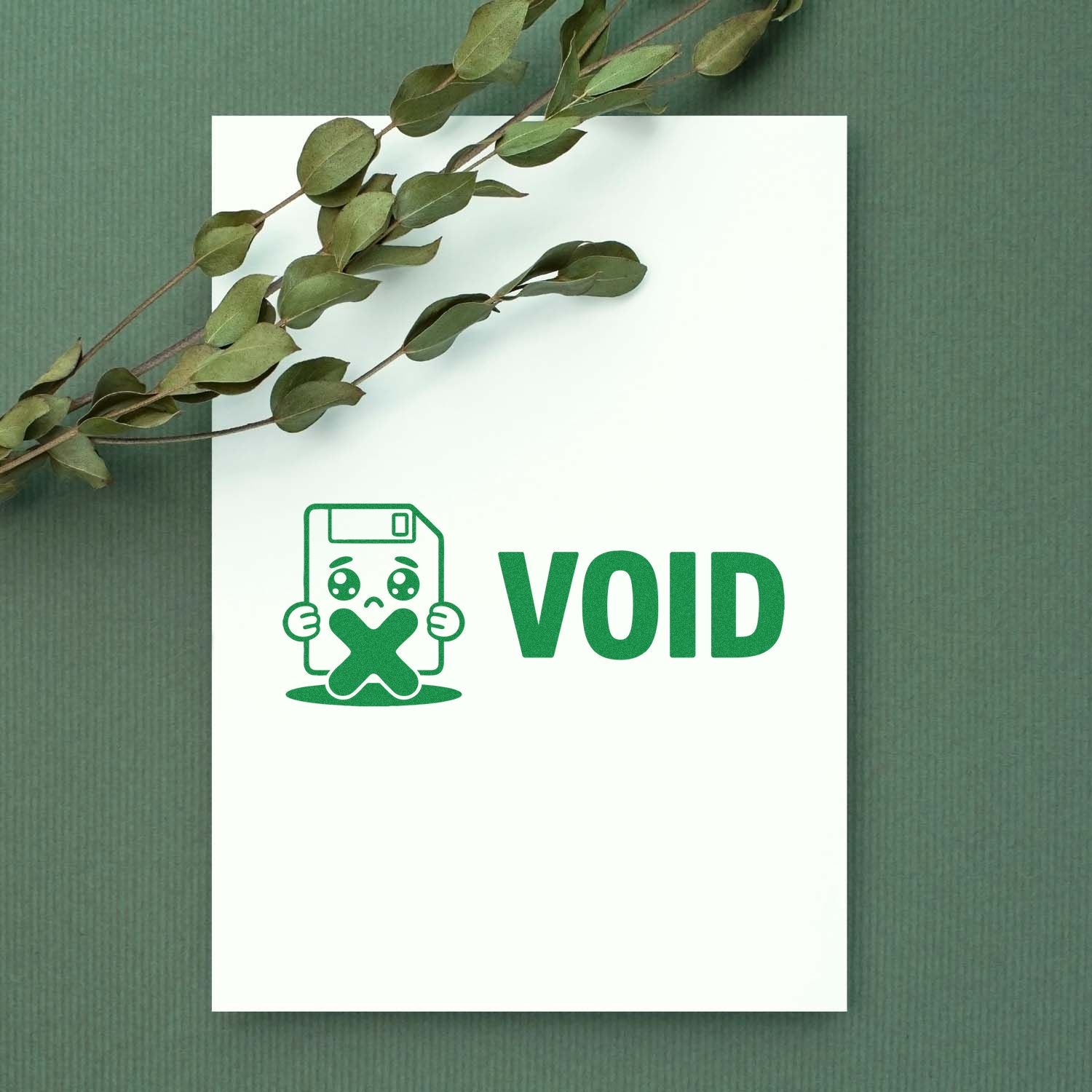 Green VOID rubber stamp design with cute file icon for document cancellation, office use, and stationery projects.