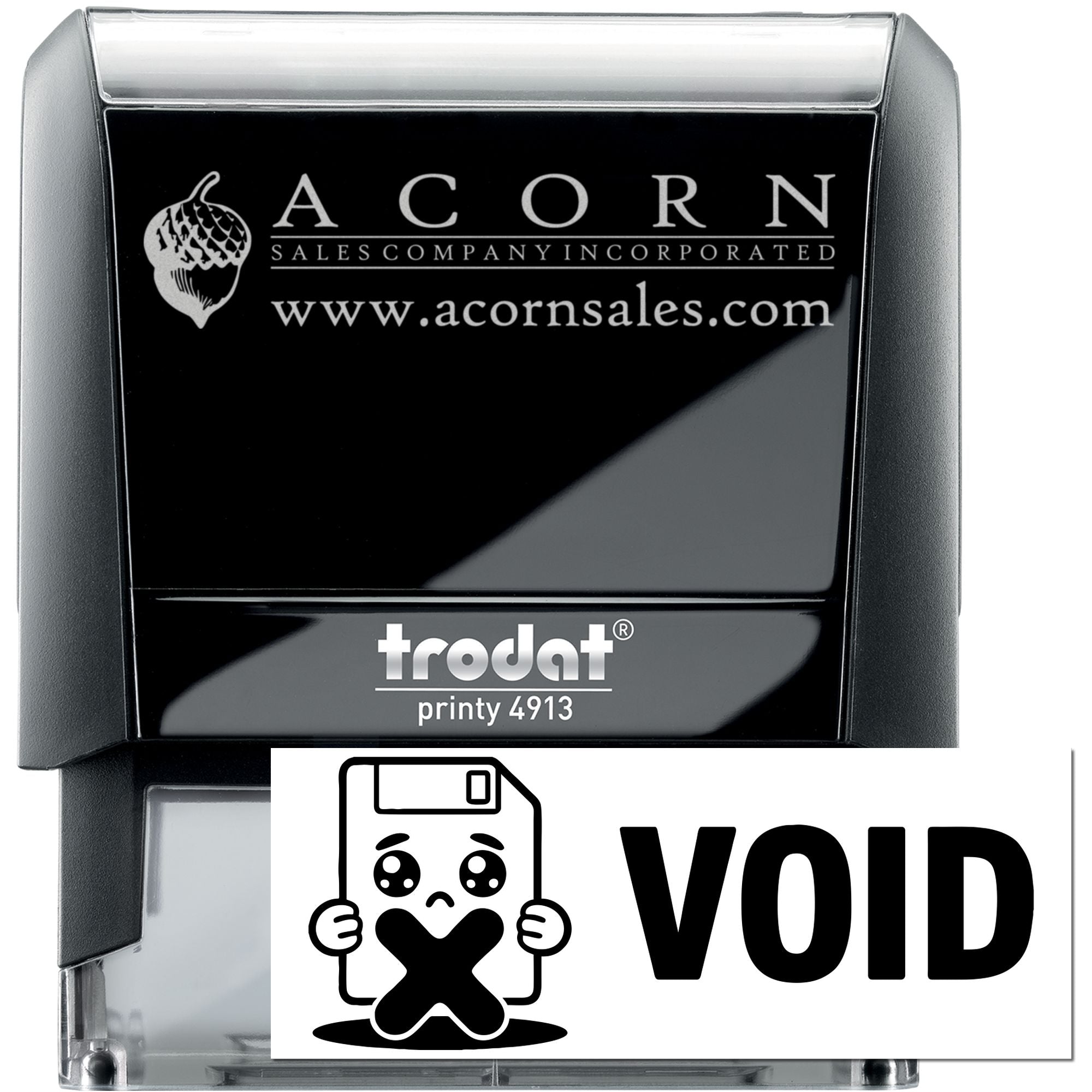 Custom self-inking business rubber stamp for Acorn Sales Company, Trodat Printy 4913, with logo, website and VOID imprint.