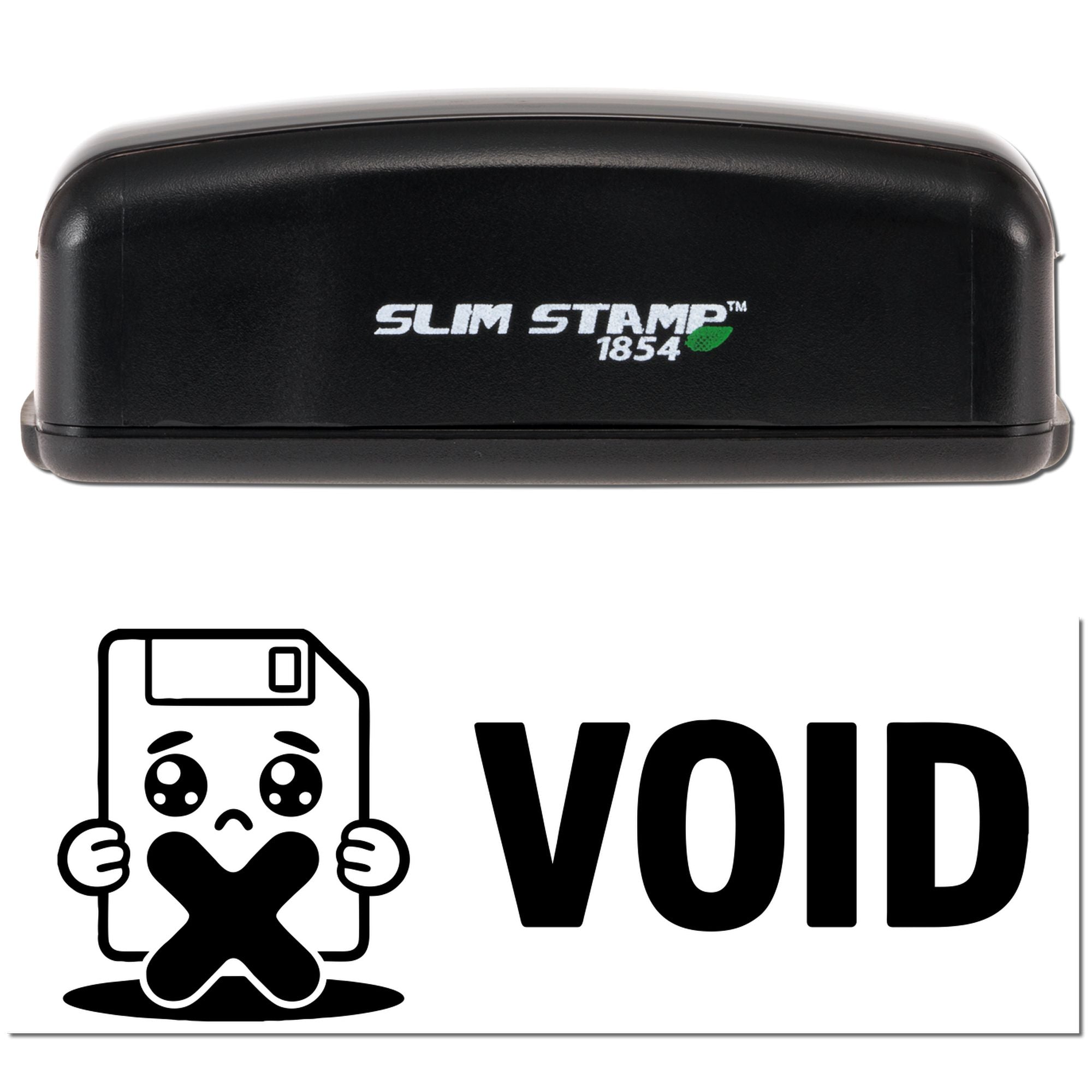 Slim Stamp 1854 rubber stamp with bold VOID stamp imprint and floppy disk icon for document cancellation.