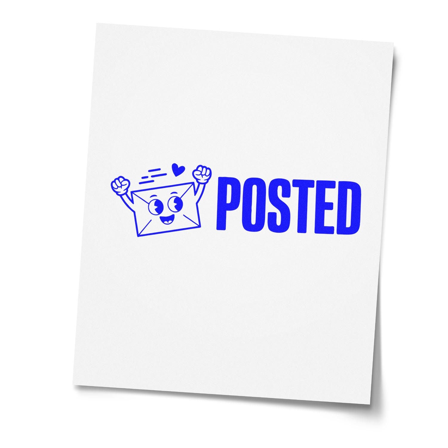 Blue Posted rubber stamp design with smiling envelope icon for mail, packaging, and office use.