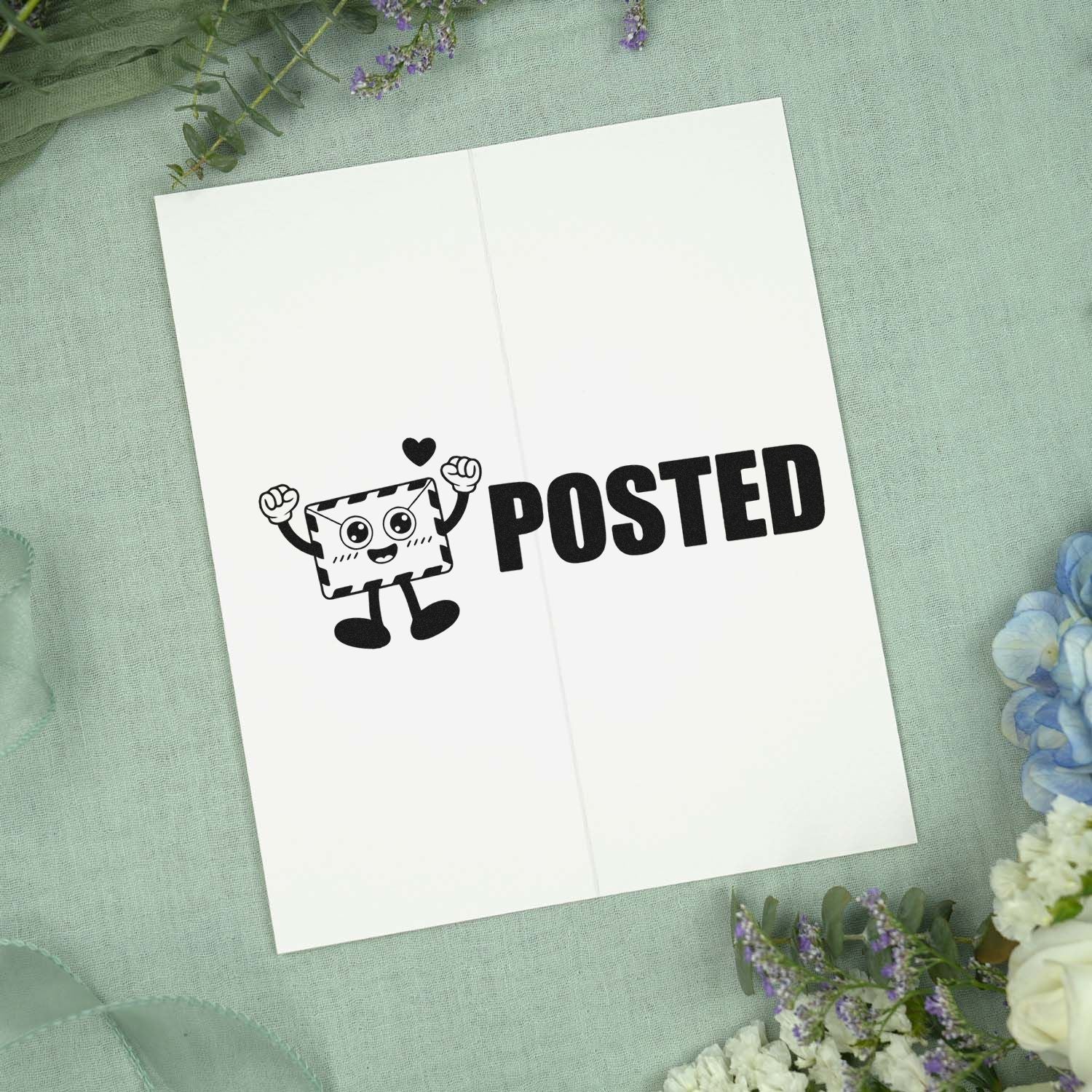 Posted rubber stamp design with cute envelope character for greeting cards, mail-themed stationery, and paper crafting.