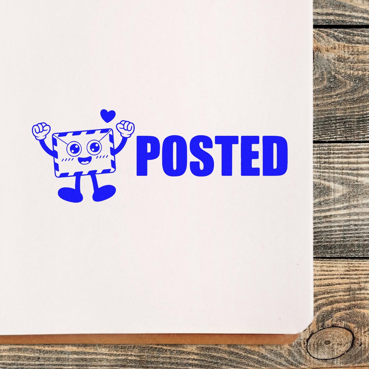 Blue POSTED rubber stamp with smiling envelope mascot, perfect for mailing, business paperwork, and document approval.