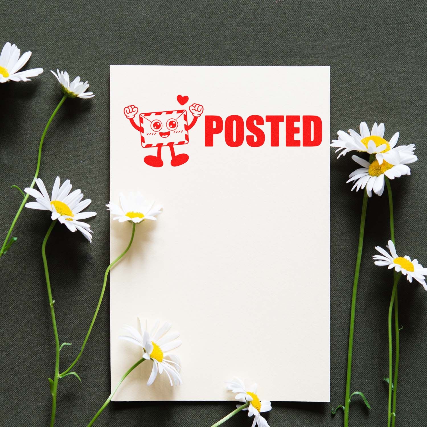 POSTED rubber stamp design with smiling envelope on blank card, perfect for mail, stationery, and handmade card projects.