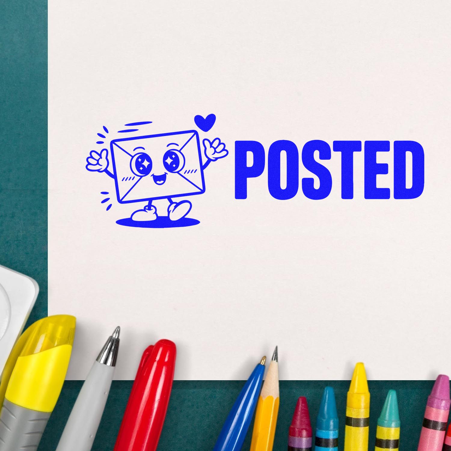 Cute POSTED rubber stamp design with smiling envelope graphic for mail, office, and planner stamping.
