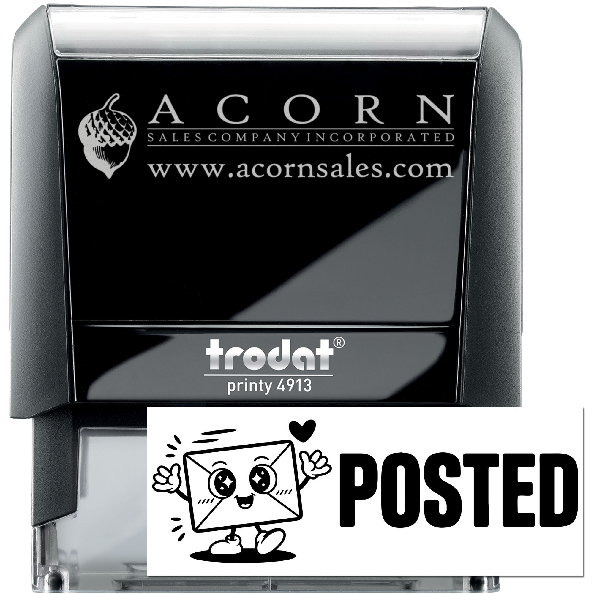 Custom self-inking rubber stamp, Trodat Printy 4913, featuring Acorn Sales Company logo and Posted imprint.
