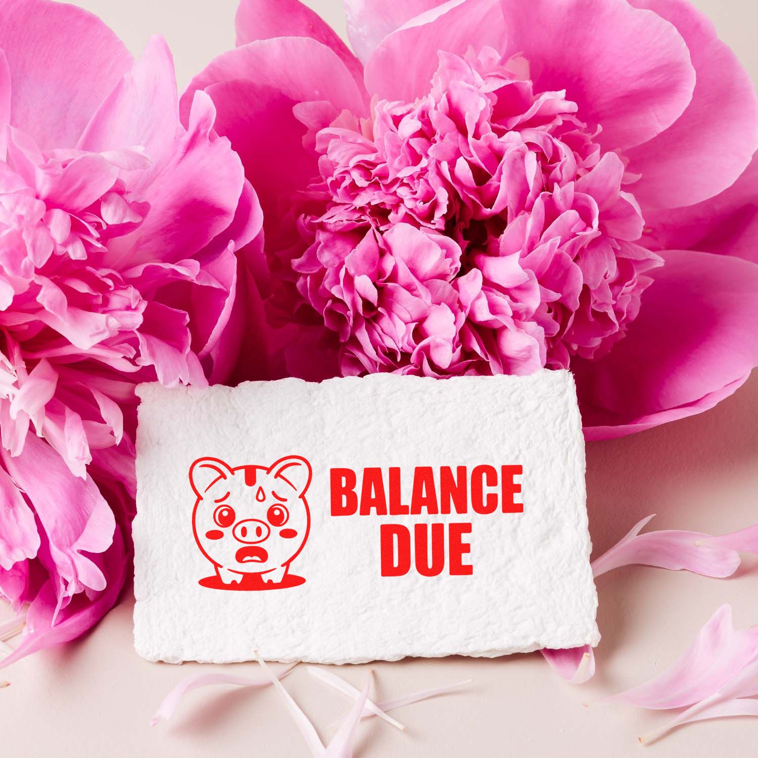 Balance Due rubber stamp with pig icon on textured paper, ideal for accounting, invoicing, and billing reminders.