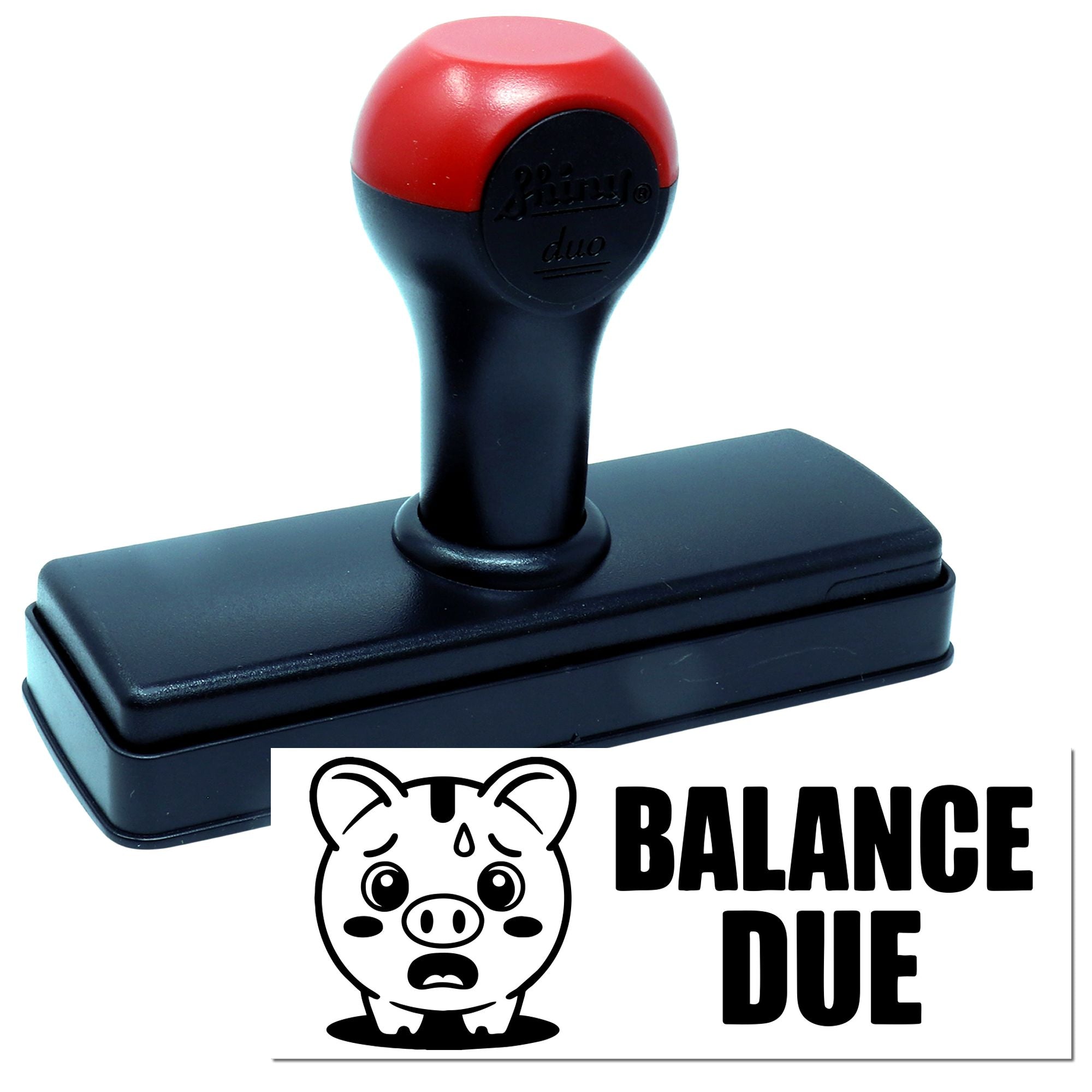Self-inking rubber stamp with Balance Due imprint and pig icon, ideal for office billing and payment reminder marking.