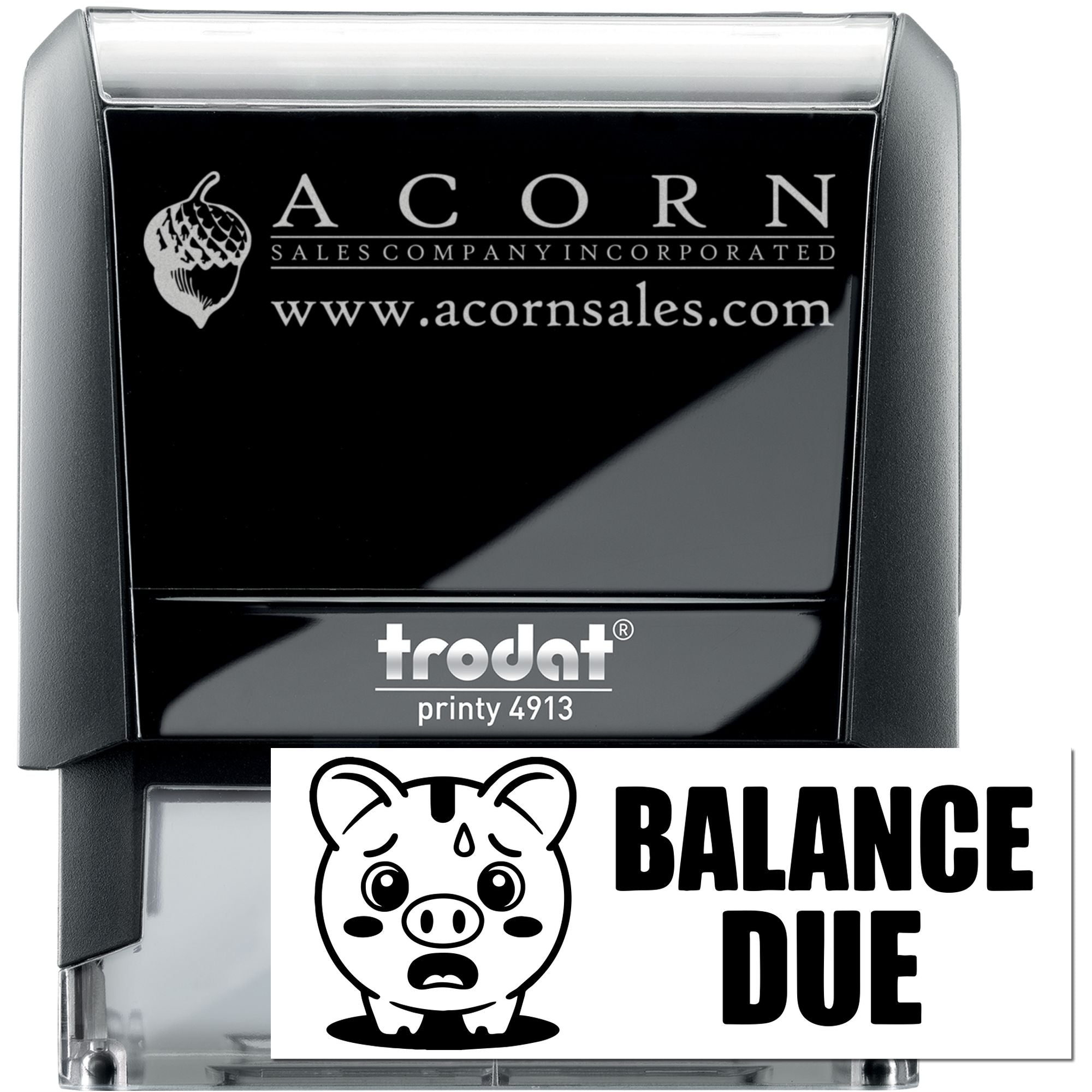 Custom self-inking rubber stamp for Balance Due notices with pig icon, ideal for business billing and office use.
