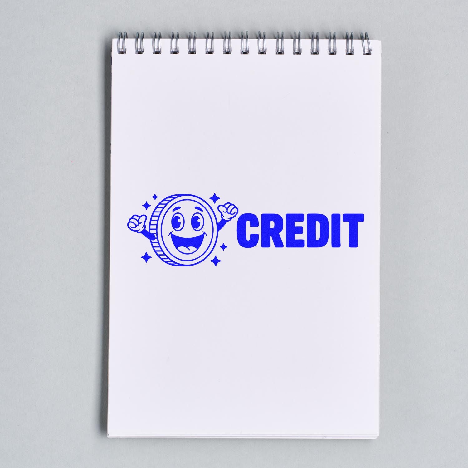 Blue CREDIT rubber stamp design with smiling coin mascot for financial documents and accounting use.