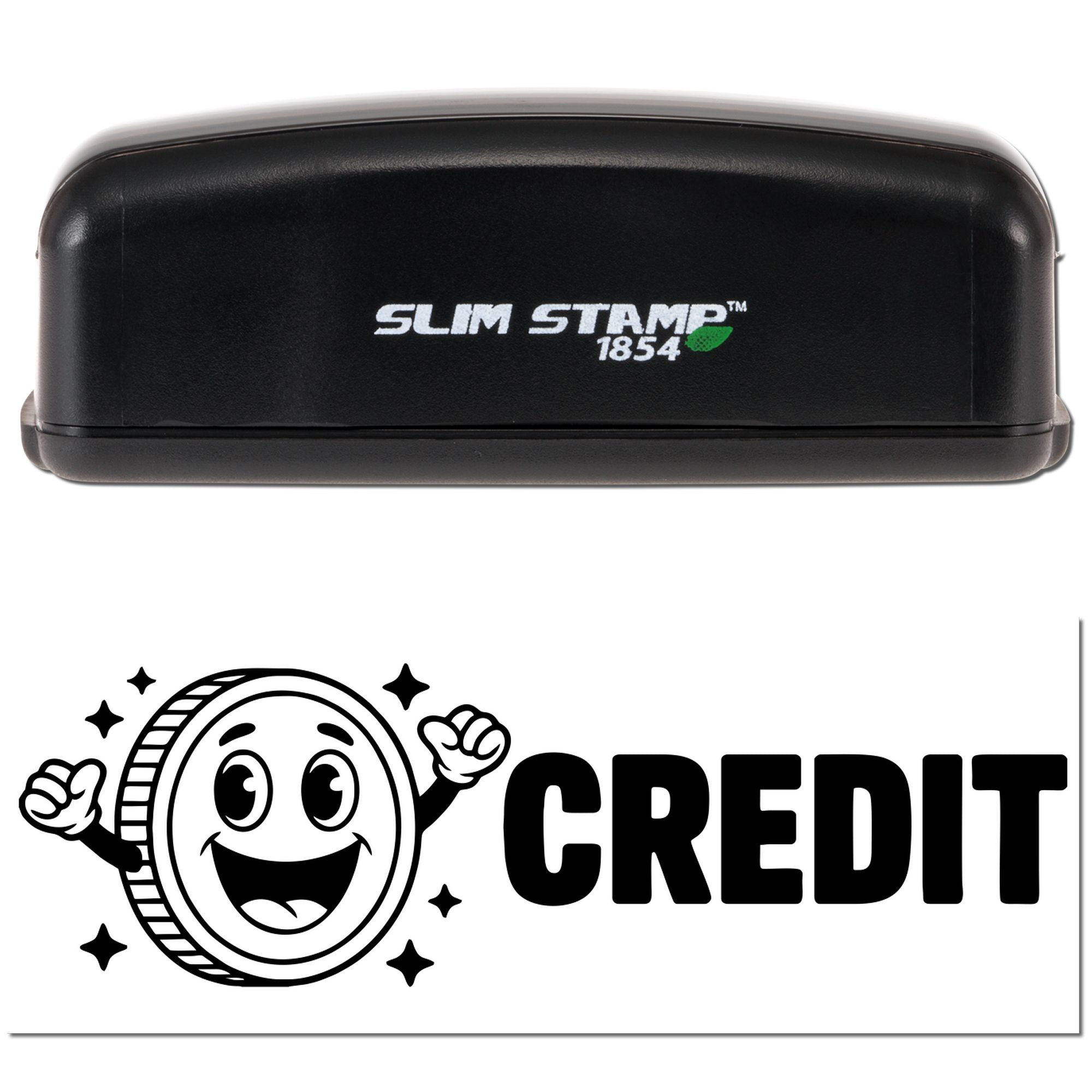 Slim Stamp 1854 self-inking credit rubber stamp with smiling coin graphic, ideal for school, office, or reward marking.